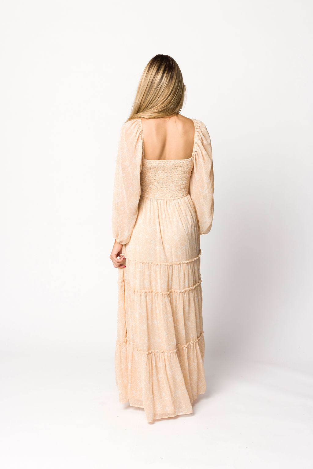 Daphne Long Sleeve Maxi Dress - Light Beige/White Floral Print | Bump Friendly Maternity & Inclusive Sizing (XS-3XL) | Perfect for Pregnancy, Weddings & Special Occasions