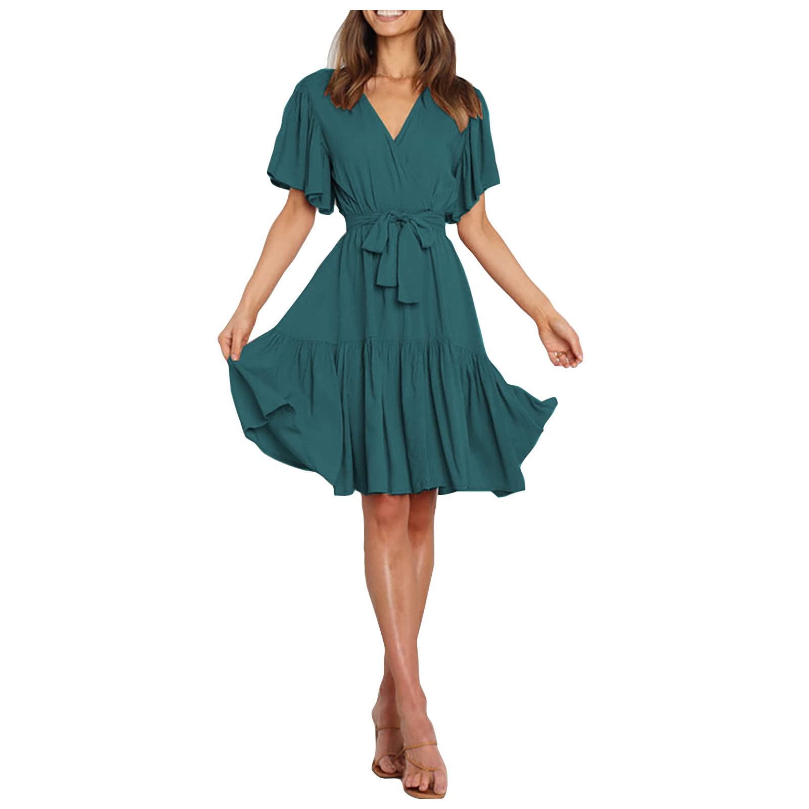 2024 Women's Summer Sundress - Ruffle Hem A-Line Pleated Short Sleeve Wrap V-Neck Belted Casual Mini Swing Dress (Green, Large) | Perfect for Beach Vacations, Date Nights & Summer Parties