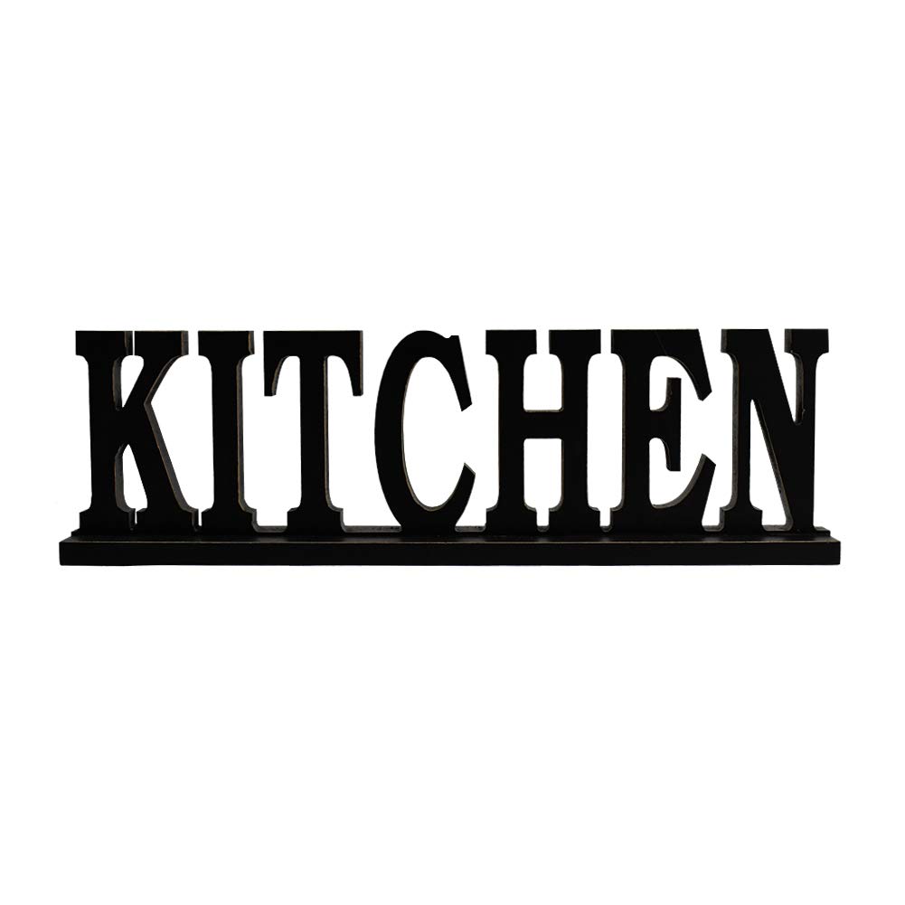 Linfevisi Black Wood Kitchen Sign - Rustic Freestanding Wooden Block Letters for Home Decor | Perfect for Farmhouse Kitchen, Dining Table Centerpiece, Shelf Display & Wall Art Decoration