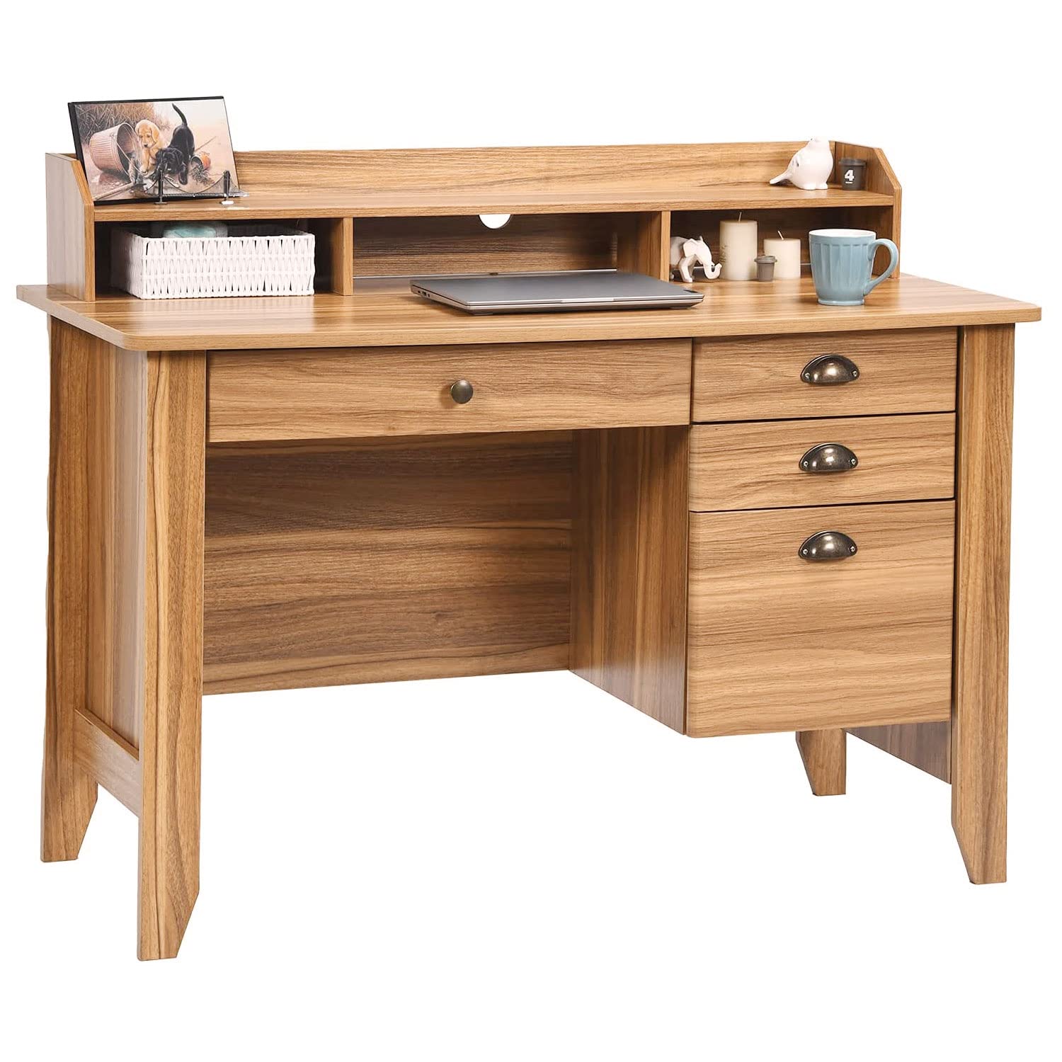 Farmhouse Style Computer Desk with Drawers & Hutch - Rustic Oak Wood Home Office Desk, Writing Table for Students & Professionals - Perfect for Small Spaces, Bedrooms & Home Offices - Organize Files & Boost Productivity