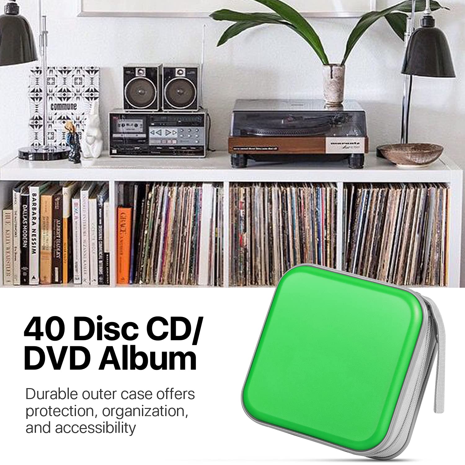 TNP 40-Capacity CD DVD Case Holder Organizer - Portable Hard Shell Disc Wallet for Car, Video Game Storage - Zippered CD Book Holder (Green) - Perfect for Travel, Home & Office Organization