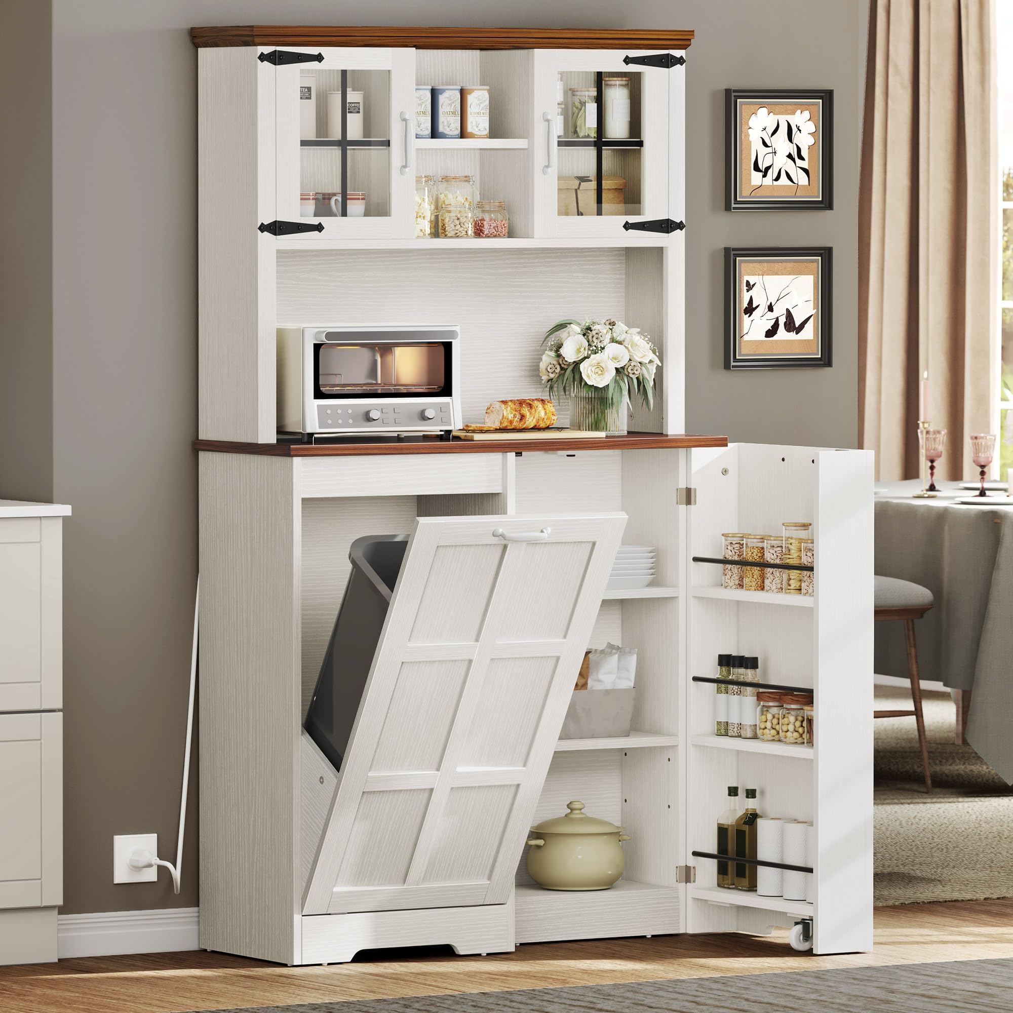 DWVO 13 Gallon Tilt-Out Trash Can Cabinet - Freestanding Kitchen Pantry Storage with Shelves & Door - White Oak Finish for Small Spaces & Apartment Kitchens