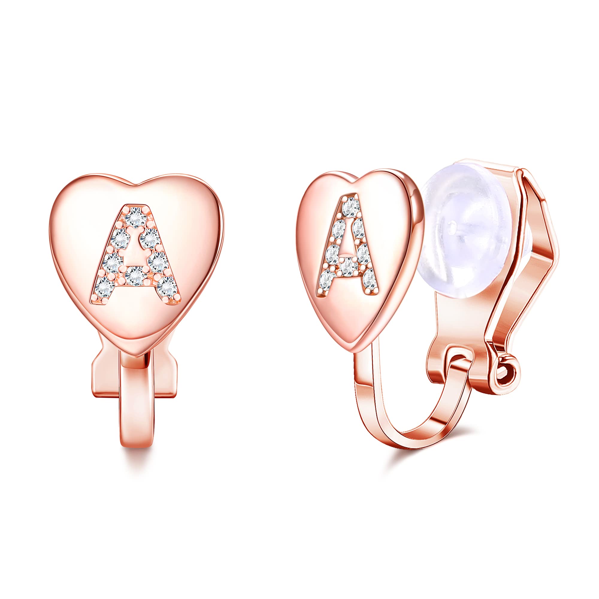 FUNRUN JEWELRY Heart Initial Clip-On Stud Earrings for Women - Rose Gold Plated Dainty Alphabet Letters A-Z - Non-Pierced Earrings for Sensitive Ears - Perfect for Gifts, Weddings & Everyday Wear