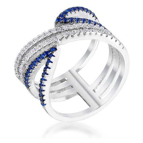0.46Ct Rhodium & Hematite Plated Blue & Clear CZ Micro Pave Crossover Ring - Elegant Statement Jewelry for Women, Perfect for Parties, Weddings & Special Occasions