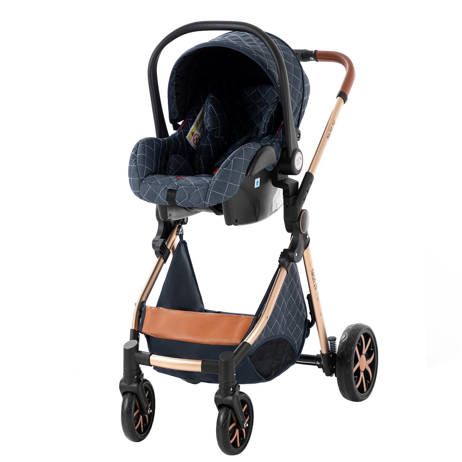 3 in 1 Reversible Baby Stroller Travel System - Foldable Luxury Pram Buggy for Newborn & Toddler (Blue) | Portable Lightweight Pushchair for Shopping, Park & Air Travel | MGV9 Model Without Base