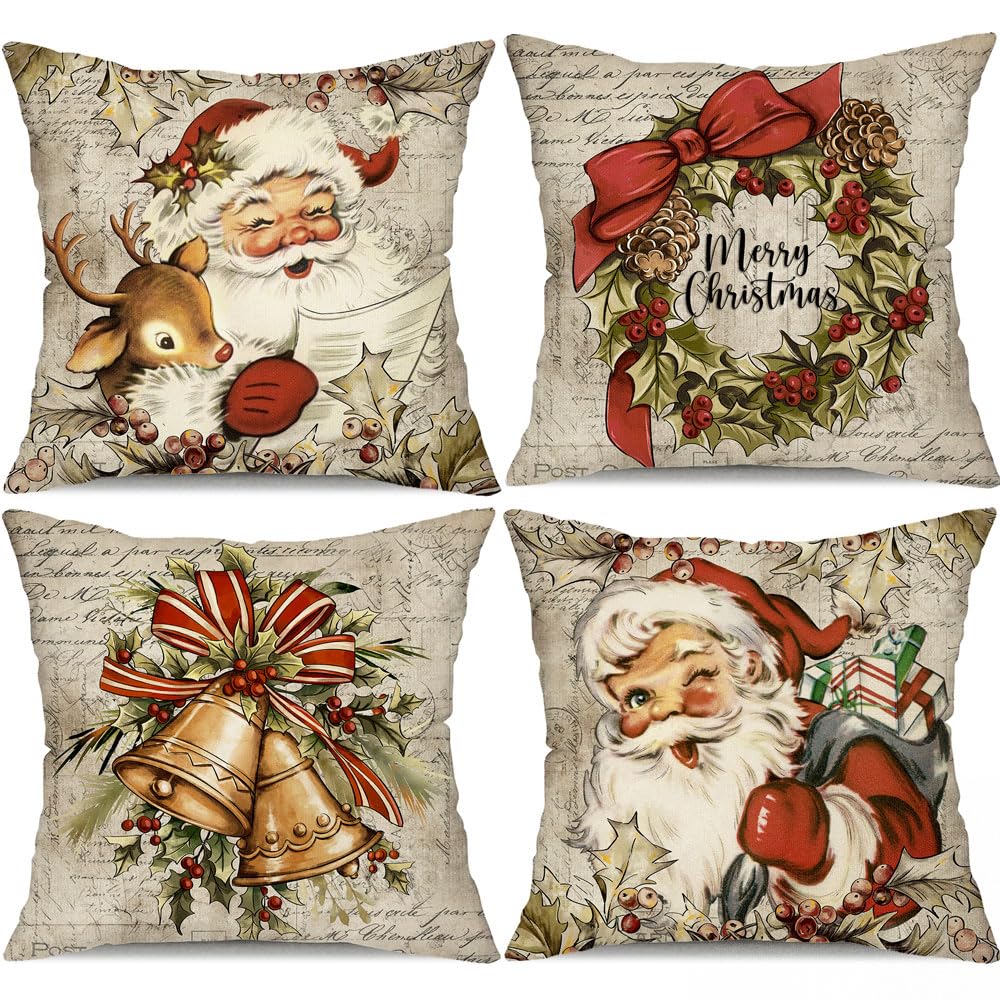 **Santa Claus & Reindeer Christmas Pillow Covers Set of 4 - 18x18 Inch Vintage Farmhouse Throw Pillow Covers for Couch, Sofa, Bed - Winter Holiday Home Decor & Cozy Seasonal Gift**    *(Perfect for Christmas living room decor, festive bedroom accents, or cozy holiday couch styling!)*