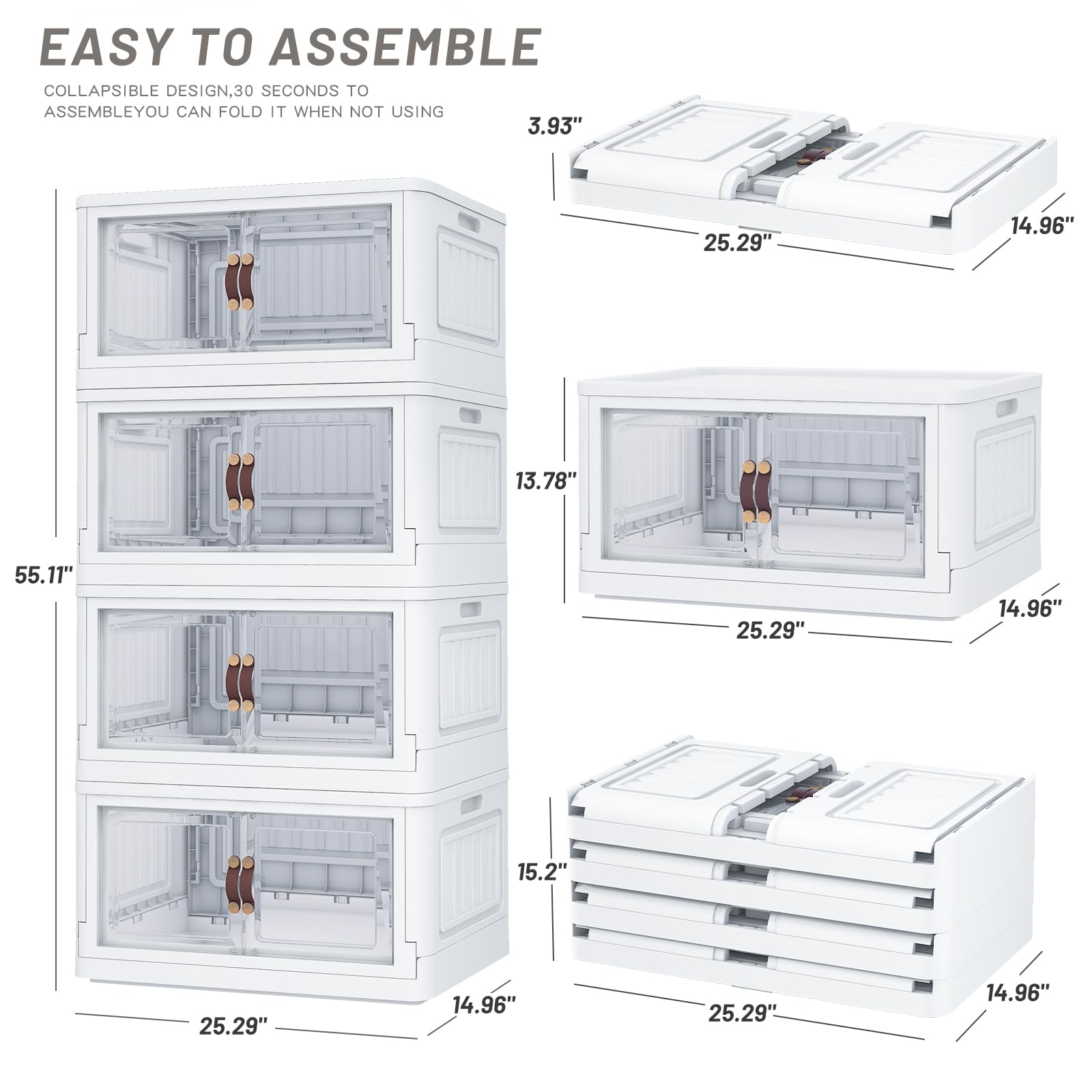 4-Pack 78 Qt White Stackable Storage Bins with Wheels & Lids - Double Door Collapsible Organizers for Closet, Home & Office - Perfect for Seasonal Storage, Toys Organization & Space Saving Solutions