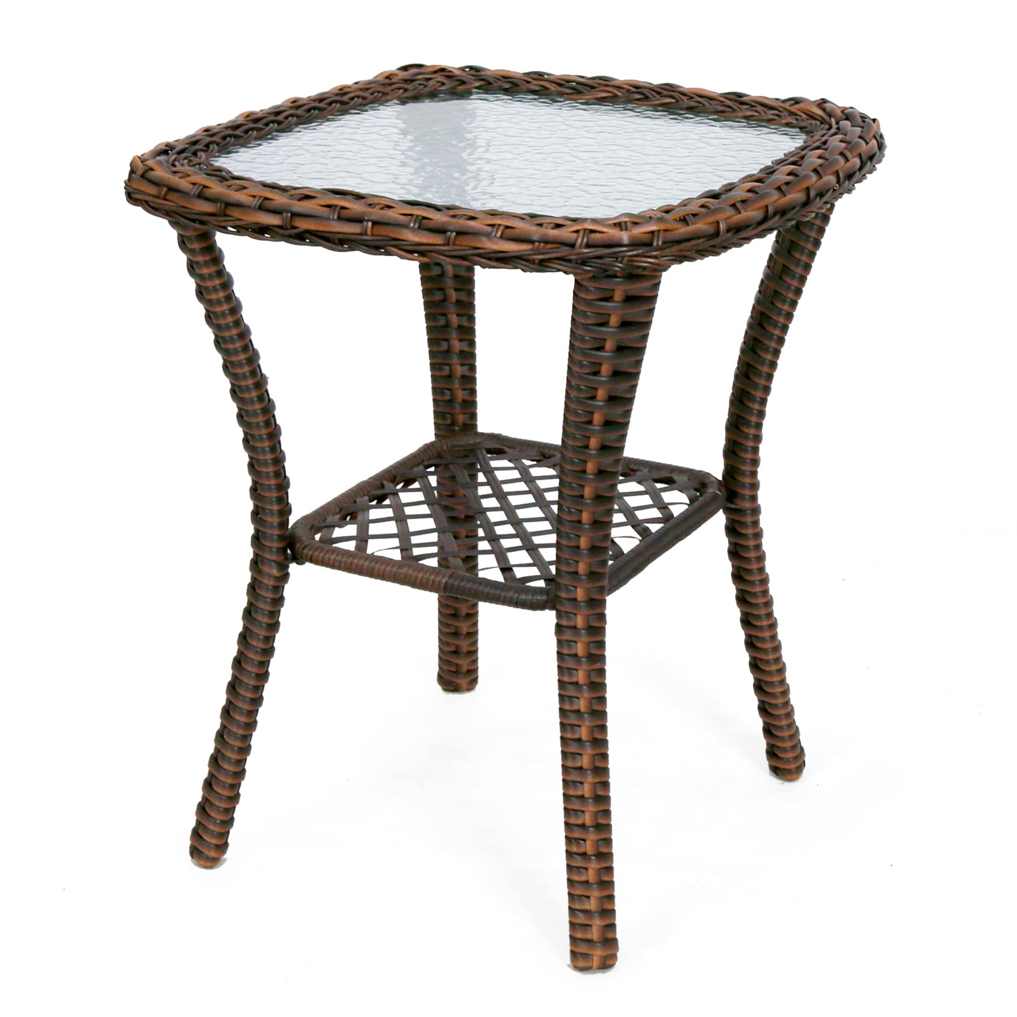 Brown Outdoor Wicker Coffee Table with Tempered Glass Top & Storage Shelf - Steel Frame Rattan Side Table for Patio, Backyard, Lawn, Balcony & Pool Area - Perfect for Lounging, Entertaining & Relaxing Outdoors