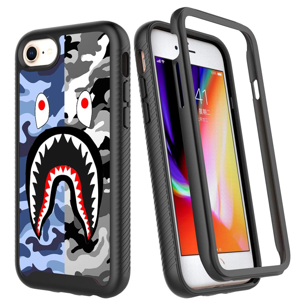 Premium Luxury Blue Gray Shark Design iPhone SE/7/8 Case - Shockproof Rugged Dual Layer TPU+PC Bumper Full Protection Cover | Stylish Street Fashion Accessory for Outdoor, Work & Daily Use