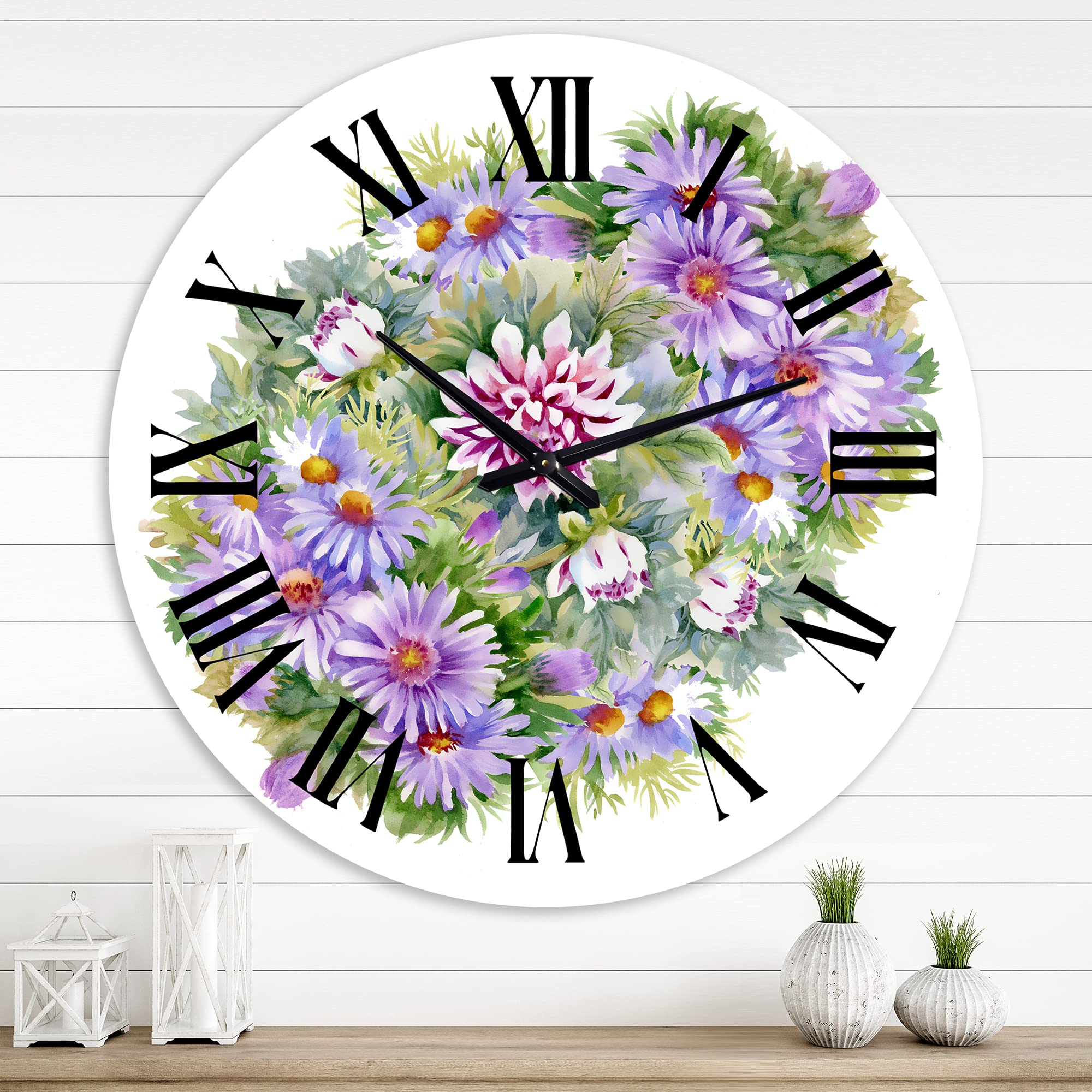 DesignQ Traditional Floral Wall Clock - Large Purple Chrysanthemums & Daisies Decor for Kitchen, Living Room, Bedroom | Vintage Botanical Home Décor