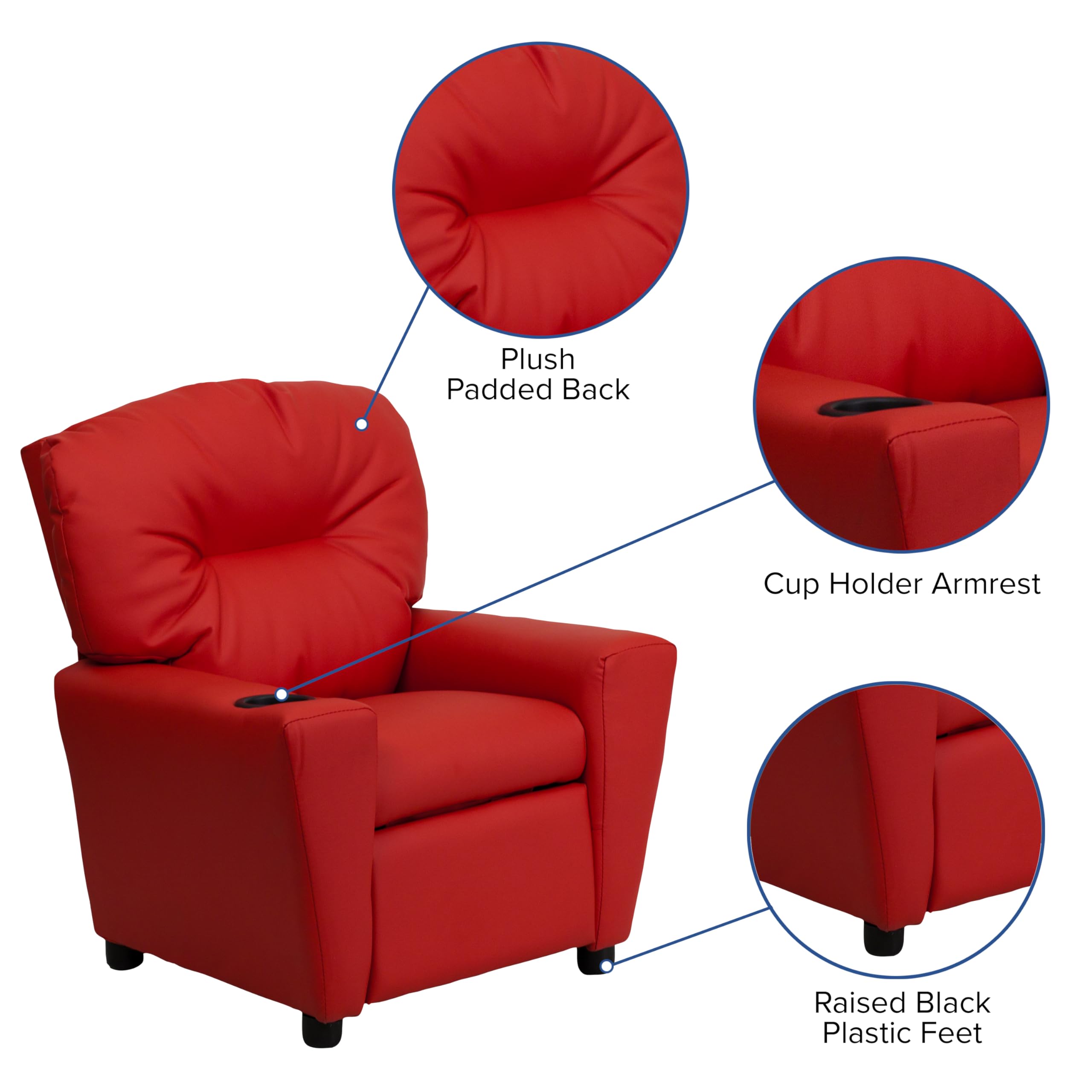Flash Furniture Chandler Vinyl Kids Recliner with Cup Holder & Safety Recline - Contemporary Reclining Chair for Children (Supports up to 90 lbs, Red) - Perfect for Playrooms, Bedrooms & Movie Nights