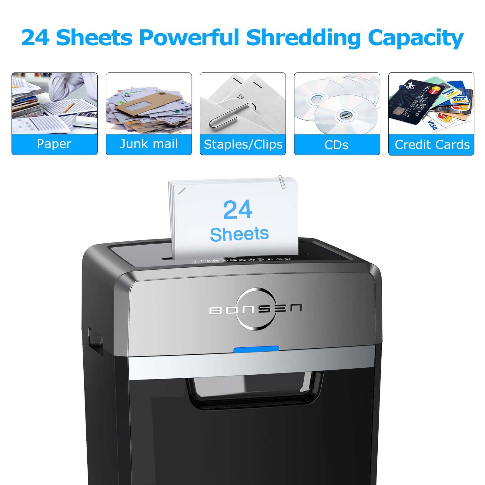 BONSEN Heavy Duty 24-Sheet Cross-Cut Paper Shredder - 40-Min Continuous Run Time, 9-Gallon Basket, 55dB Ultra Quiet - Commercial Grade Office Shredder with P-4 High Security (S3105) - Perfect for Confidential Document Destruction in Home Offices, Businesses & Financial Institutions
