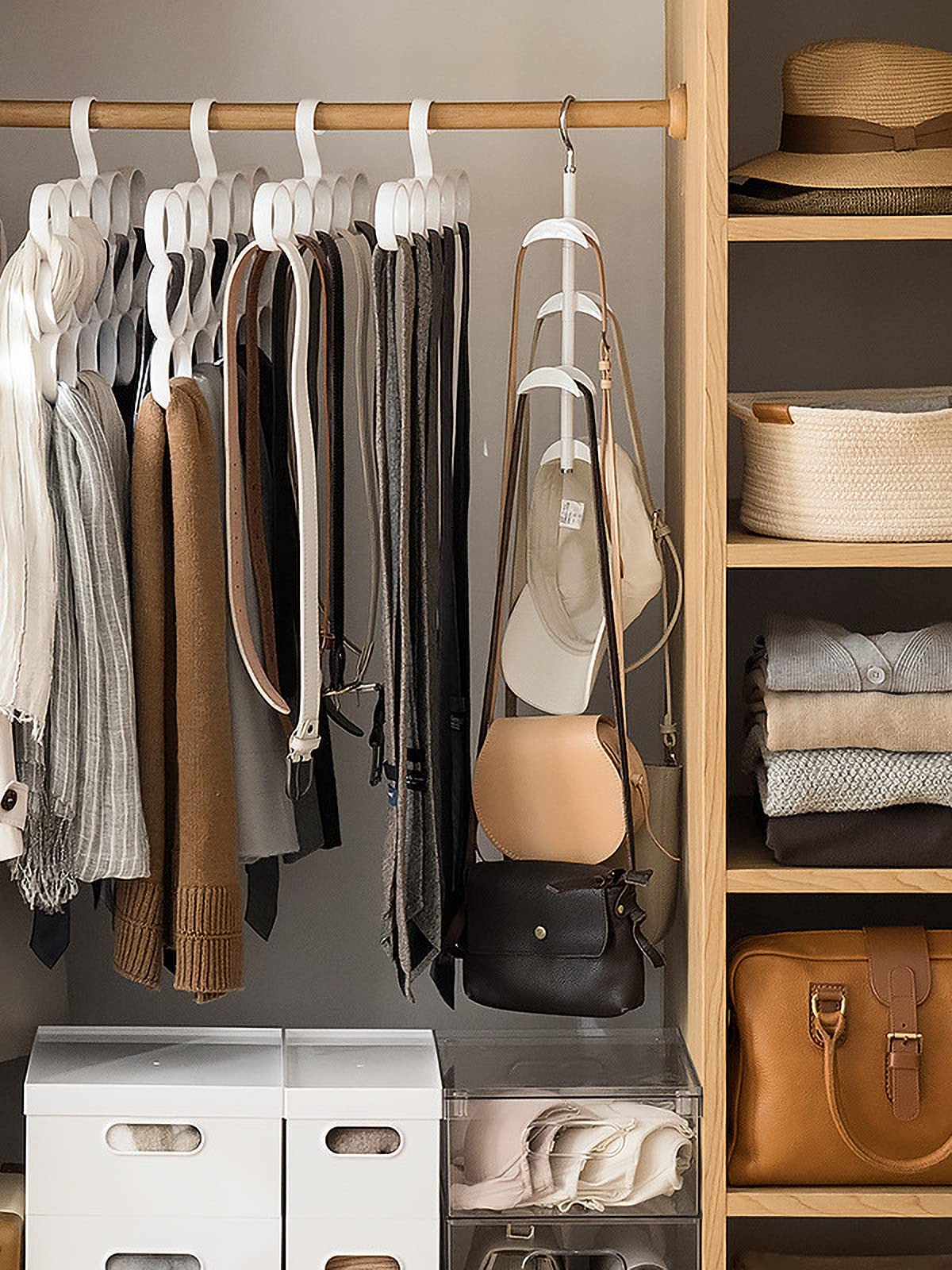 Rotating Purse Hanger for Closet - 4 Hook Handbag Organizer for Scarves, Belts & Purses | Space Saving Bag Storage Solution | Perfect for Bedroom, Walk-in Closet & Dorm Organization