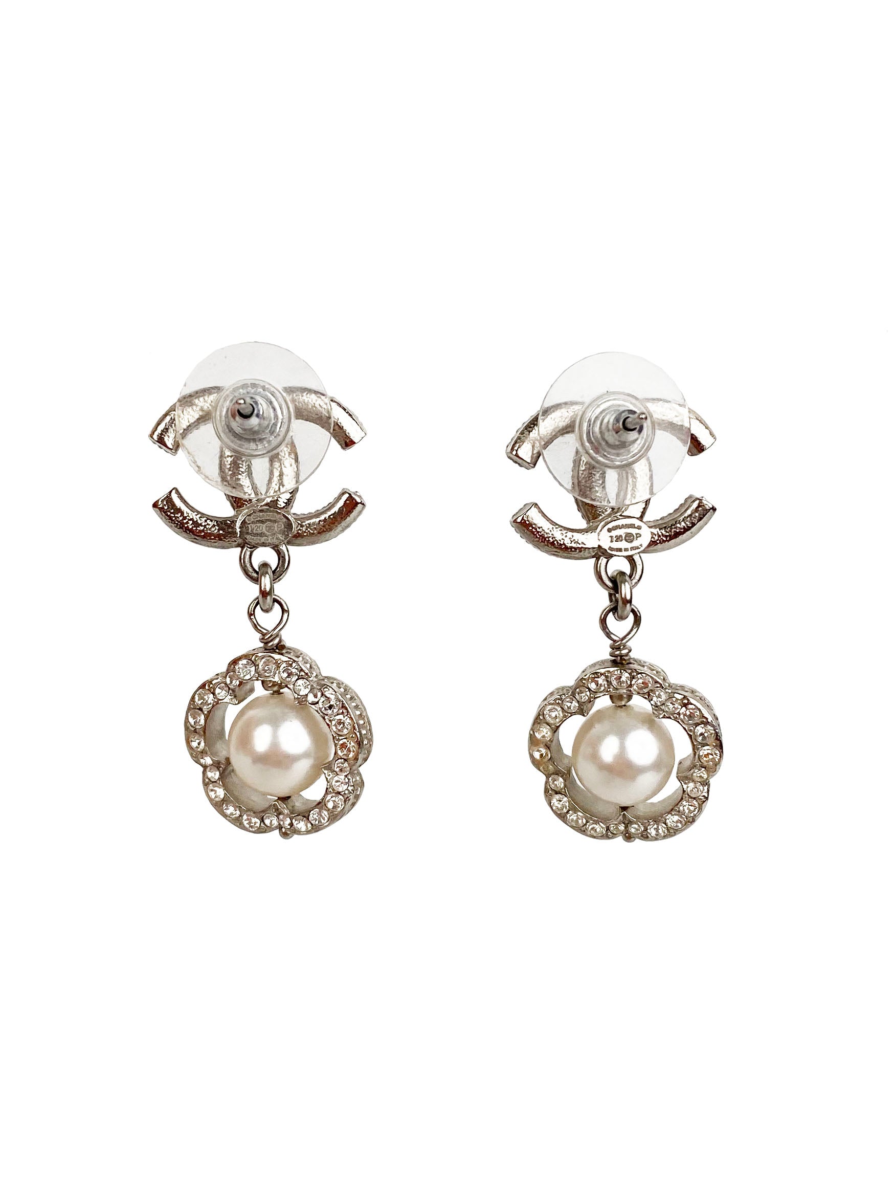 Chanel CC Crystal Flower Framed Pearl Earrings - Luxury Fashion Jewelry for Women, Elegant Pearl Dangle Earrings with Crystal Accents | Perfect for Weddings, Parties & Special Occasions