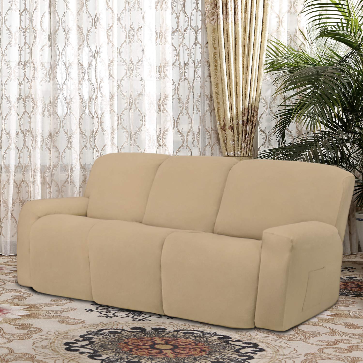 8-Piece Microfiber Stretch Sectional Recliner Sofa Slipcover - Soft Fitted Fleece 3-Seat Couch Cover - Washable Furniture Protector with Elastic Edges for Kids & Pets - Pale Yellow - Perfect for Living Room, Family Room & Home Theater Comfort