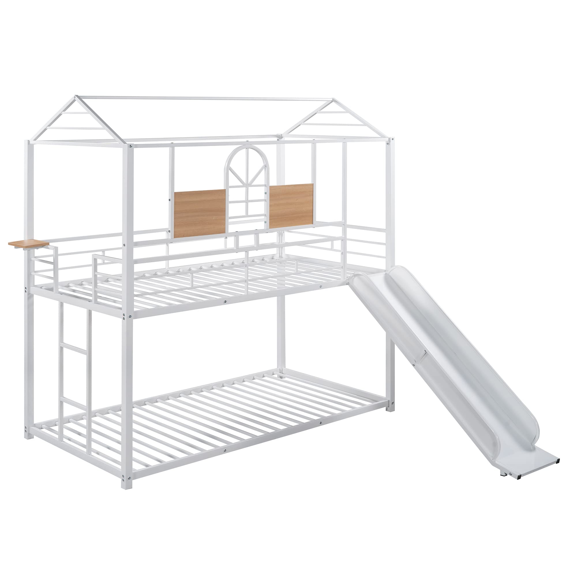 **Metal Twin Over Twin Bunk Bed Frame for Kids & Toddlers - Low Cabin Bunk Bed with Ladder & Slide - No Box Spring Needed - White - Perfect for Small Rooms, Shared Kids' Bedrooms & Sleepovers**