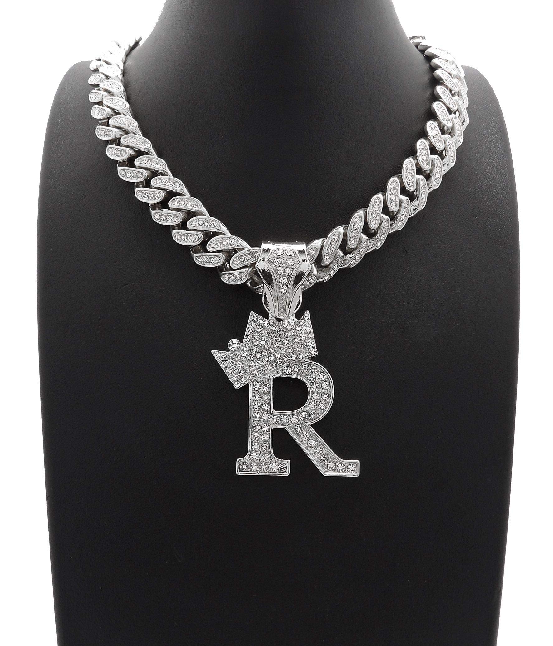 NYFASHION101 Iced Out Miami Cuban Chain Necklace with 12mm Stone Stud Crowned Initial Pendant - Perfect for Hip Hop Jewelry, Men's Bling Accessories & Gift Giving