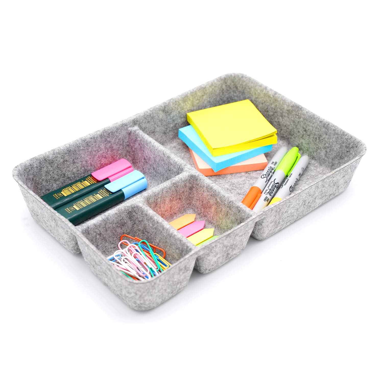 Welaxy 4-Compartment Junk Drawer Organizer Bin - Multi-Purpose Felt Storage Tray with Dividers for Office, Kitchen & Bathroom Organization (Set of 2, Gray) - Perfect for Utensils, Makeup, Office Supplies & Small Items