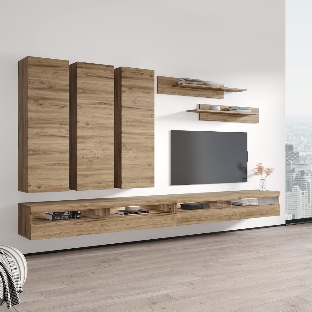 Modern Floating TV Stand with Storage & LED Lights - Wall-Mounted Entertainment Center for Bedroom & Living Room - E1 Grade Oak Wood TV Console with Shelves - Perfect for Small Spaces & Home Theater Setup