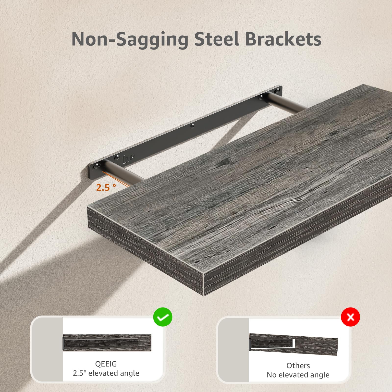 QEEIG 24 Inch Bathroom Wall Shelf Set of 2 - Rustic Grey Floating Shelves (24x9 Inches) for Bathroom Storage, Kitchen Organization & Home Decor