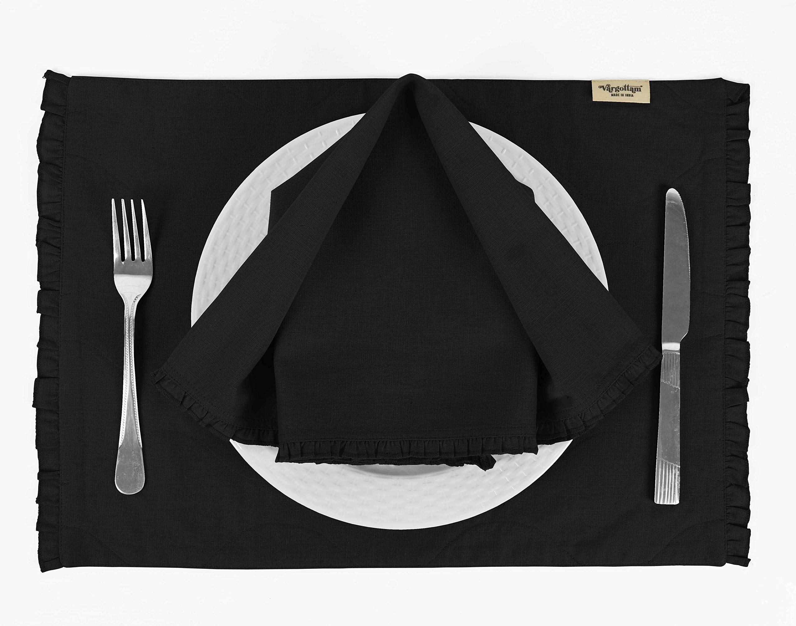 Premium Black Washable Frill Placemats Set with Napkins - 6 Pack Elegant Table Decor for Everyday Dining, Parties & Home Styling