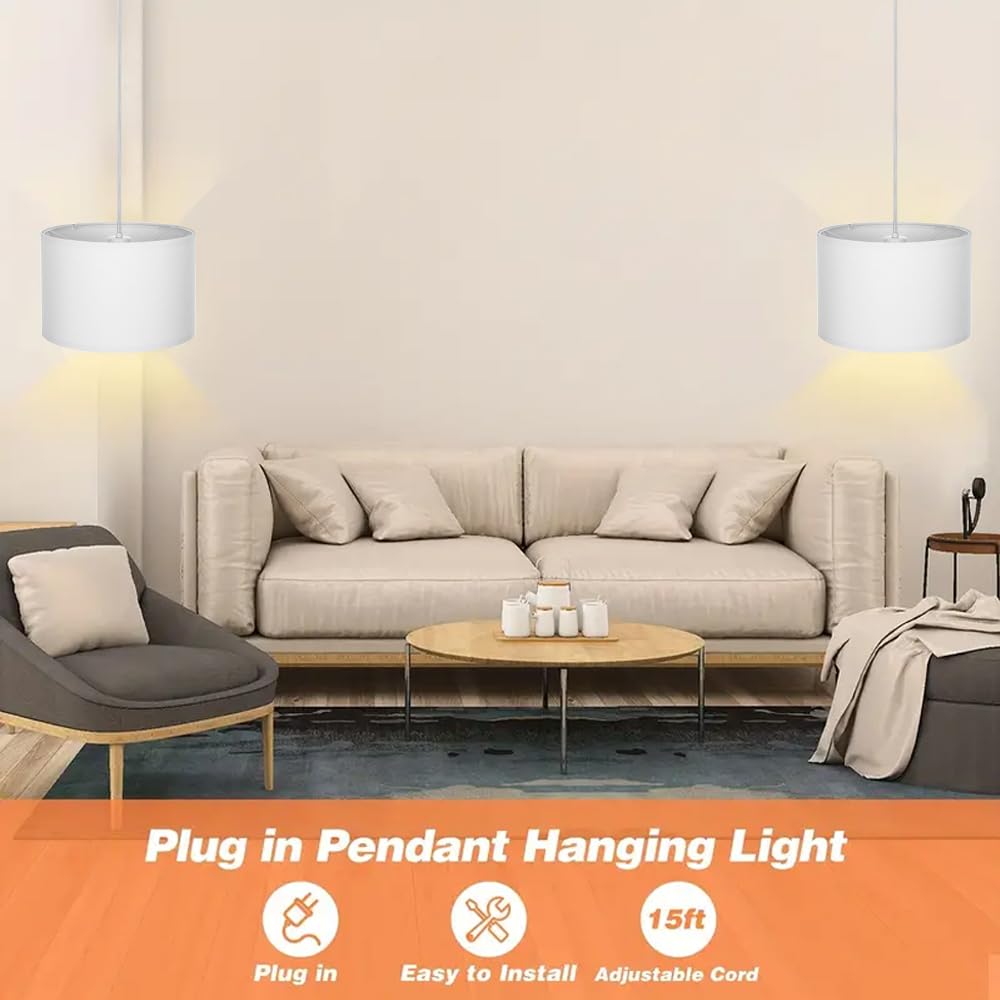 15FT White Hanging Pendant Lamp with Remote Control & Plug-in Cord - Dimmable Ceiling Light Fixture for Living Room, Bedroom, Farmhouse, Kitchen & Dining Room Decor