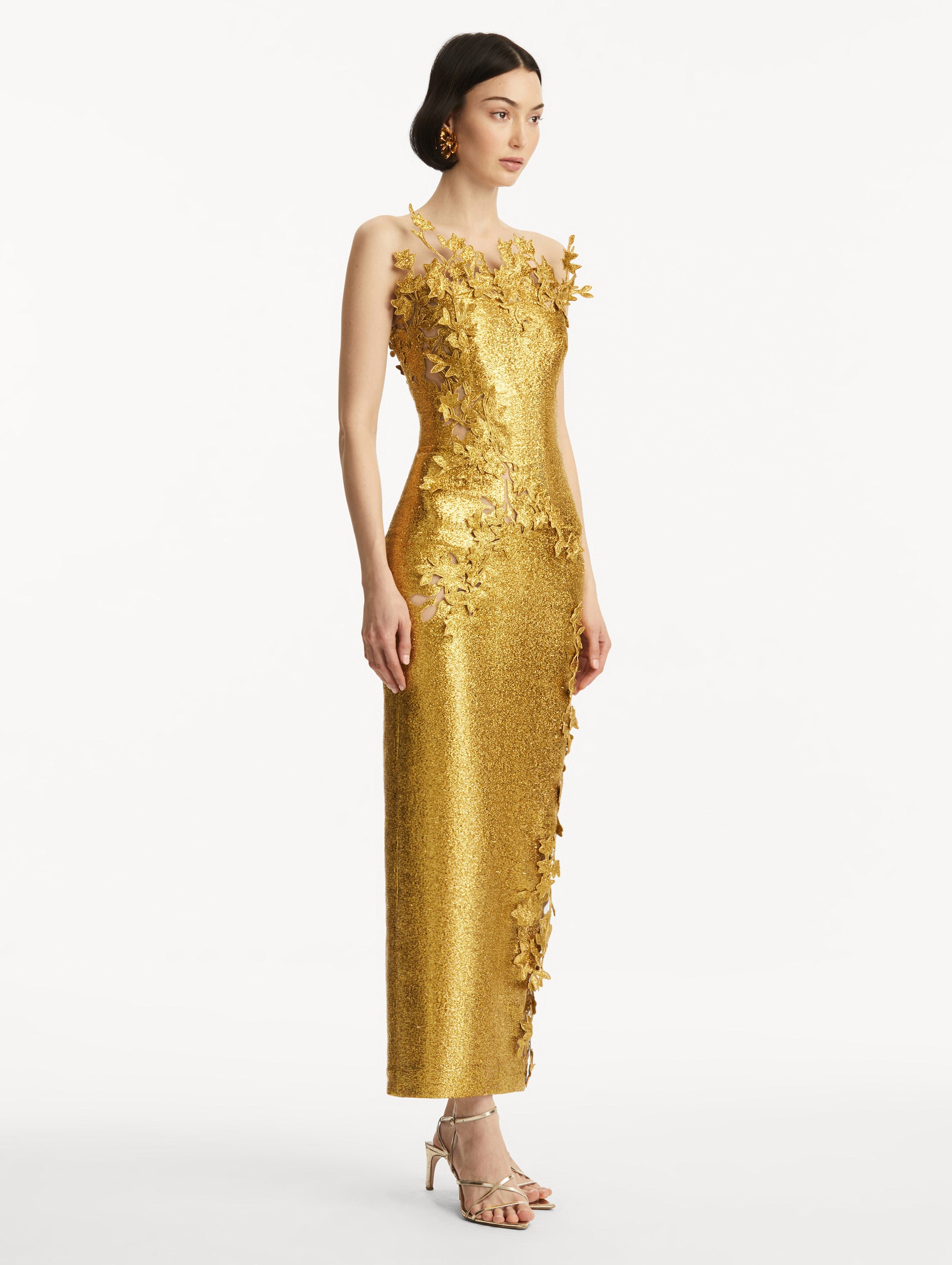 Elegant Metallic Cherry Blossom Embroidered Evening Gown for Women - Perfect for Weddings, Proms & Formal Events