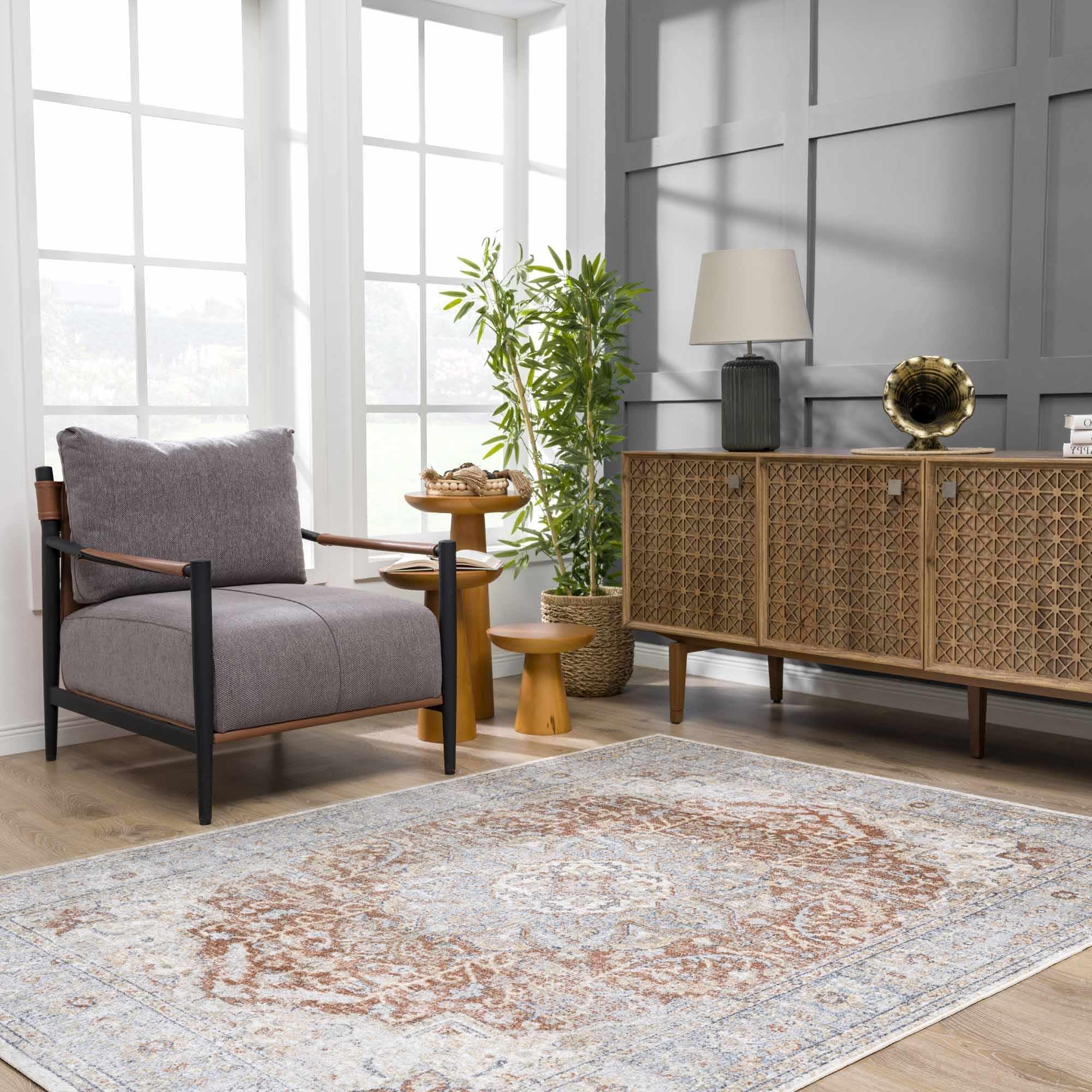 Hauteloom Emke Boho Oriental Medallion Area Rug - Traditional Floral Machine Washable Carpet for Living Room, Bedroom, Dining Room - Beige & Gray Round Rug 6'7