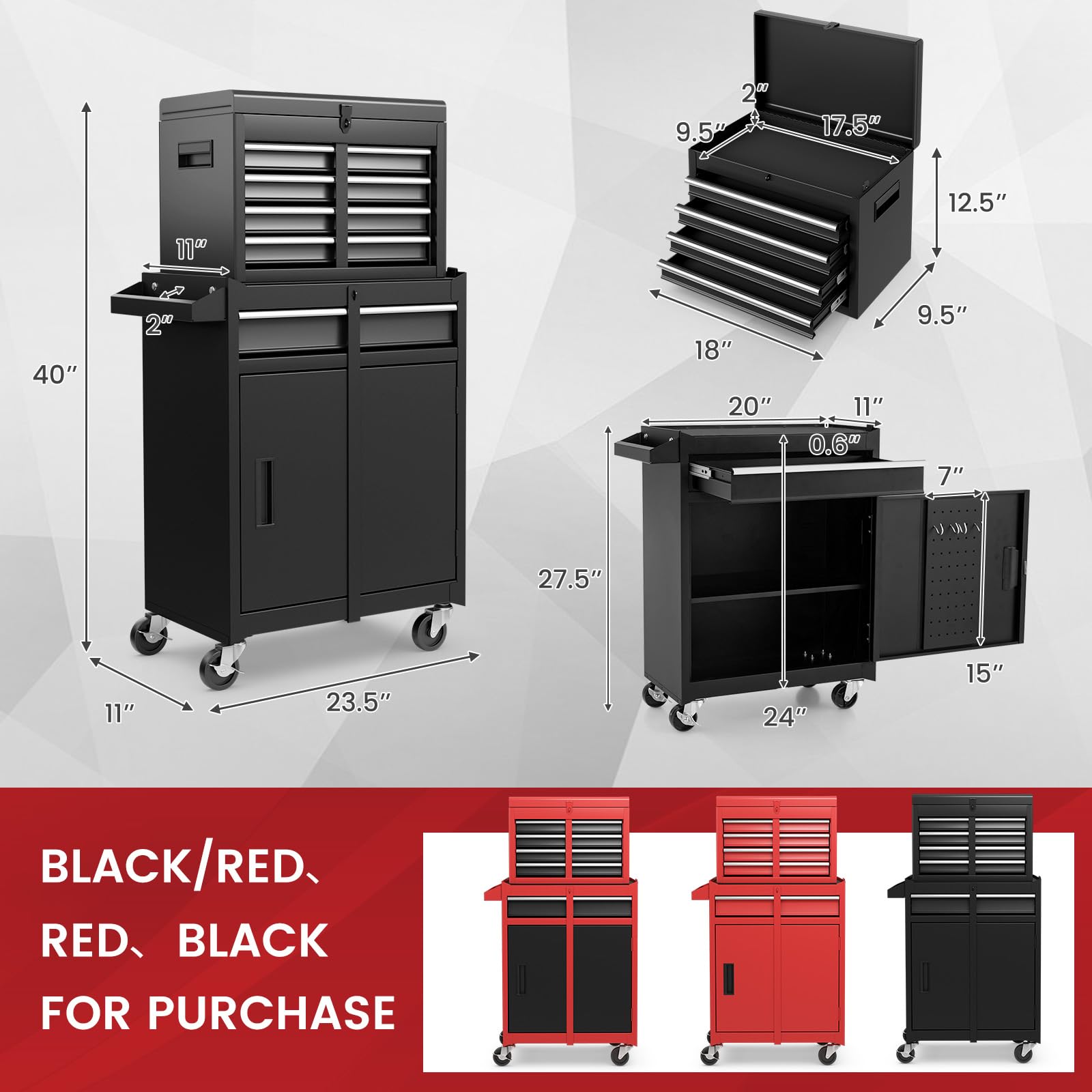 ERGOMASTER Heavy Duty 5-Drawer Rolling Tool Chest with Lockable Cabinet - Black Tool Box for Garage, Workshop & Home DIY Projects | Durable Storage for Mechanics, Carpenters & Handymen