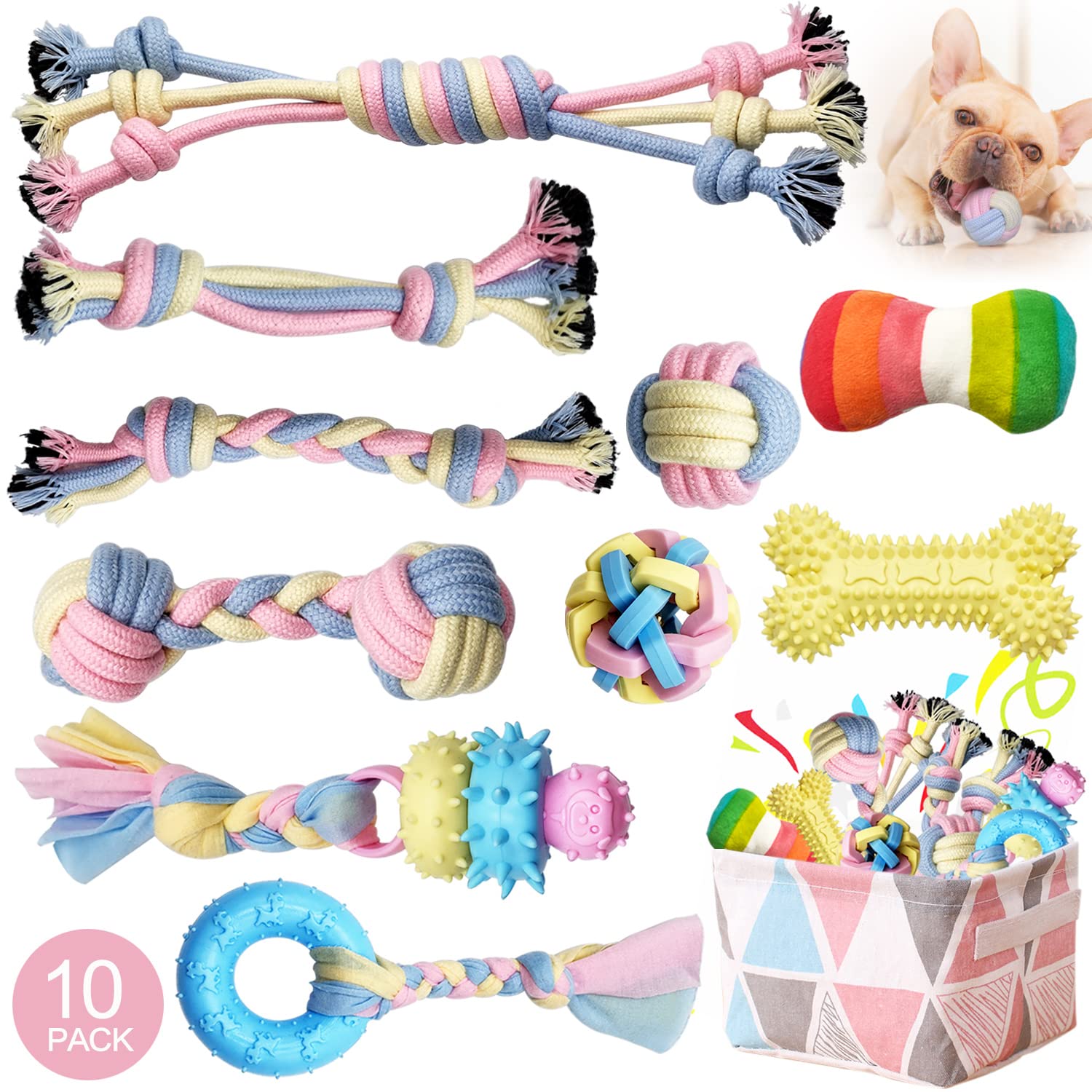 BENSEAO Puppy Teething Chew Toys - Interactive Dog Rope Toy & Teething Ring for Small Dogs, Includes Storage Basket - Perfect for Puppy Training, Playtime and Dental Health Care