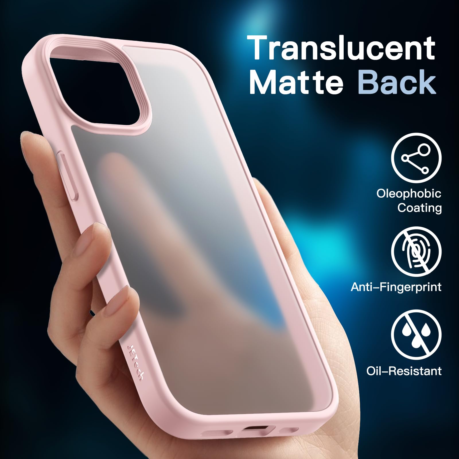 JETech 5-in-1 Matte Shockproof Case for iPhone 15 Plus 6.7-Inch with 2-Pack Tempered Glass Screen Protector & Camera Lens Protector - Translucent Pink Phone Cover for Everyday Protection & Style