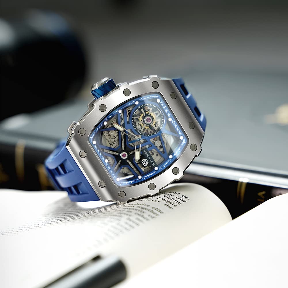 TSAR BOMBA Men's Automatic Skeleton Watch - Luxury Tonneau Design, 50M Waterproof, Silver Square Big Face with Silicone Strap - Perfect for Business, Formal Events & Everyday Wear