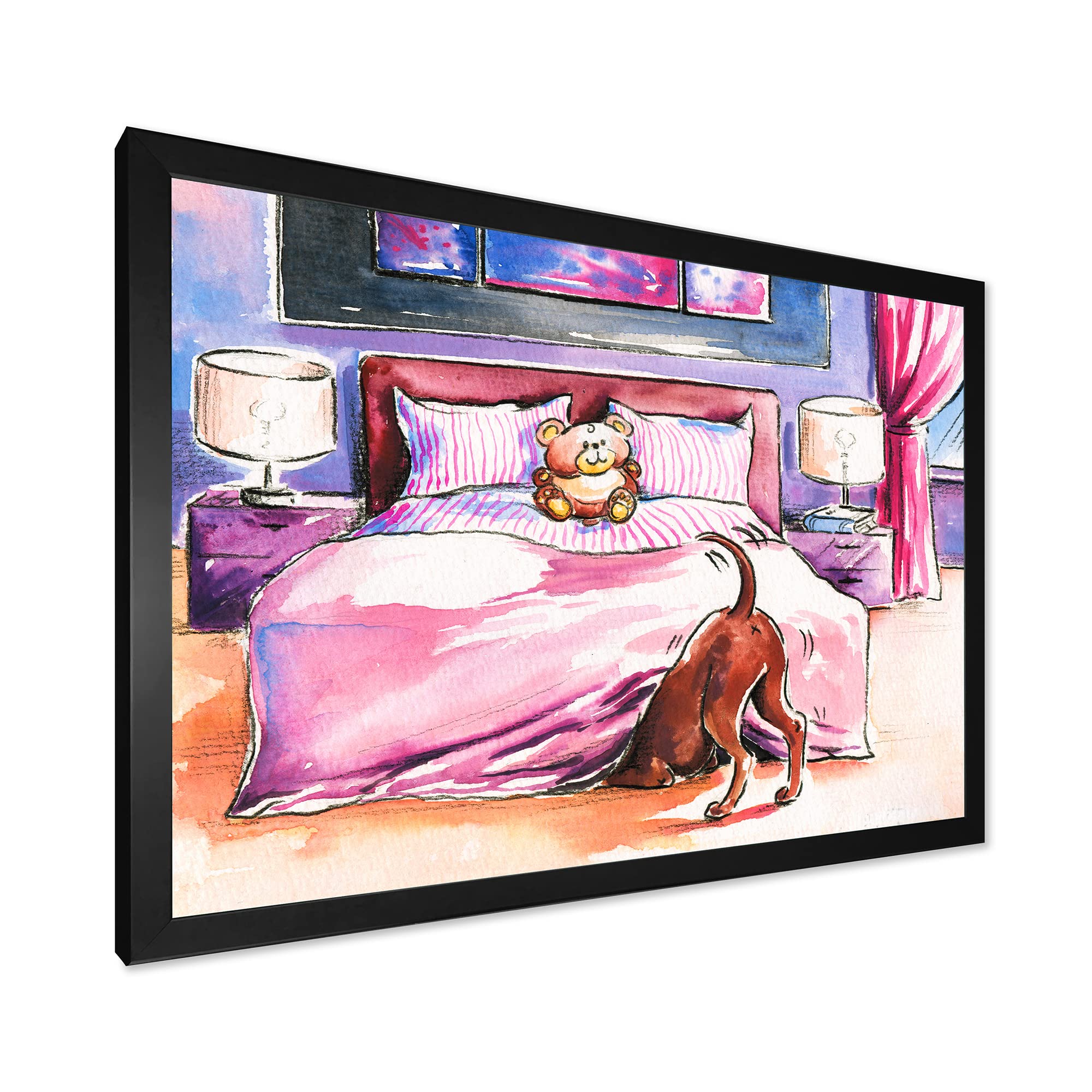 Rustic Brown Dog Peeking Under Bed Farmhouse Framed Wall Art - Perfect for Living Room, Bedroom & Pet Lover Home Decor