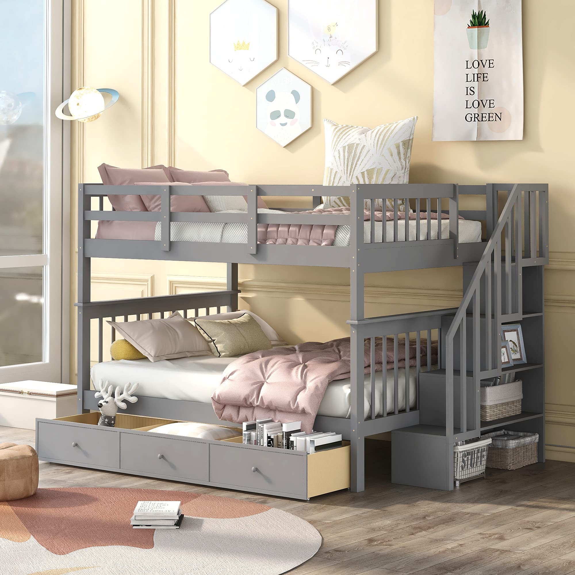 P PURLOVE Full Over Full Bunk Bed with Storage & Stairs - Convertible to 2 Twin Beds for Teens & Adults - Space Saving Solution for Small Rooms
