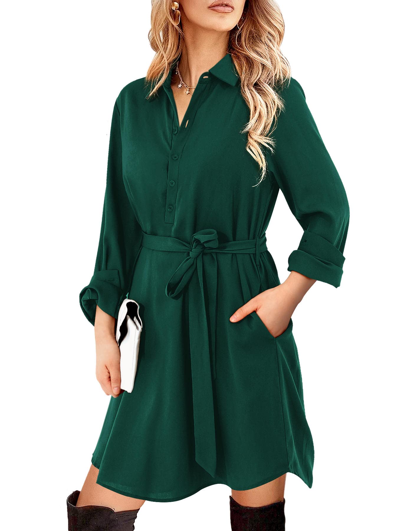 Beluring Women's Casual Long Sleeve Button Down Shirt Dress with Pockets | Flowy Comfort for Work, Weekend & Spring Outfits