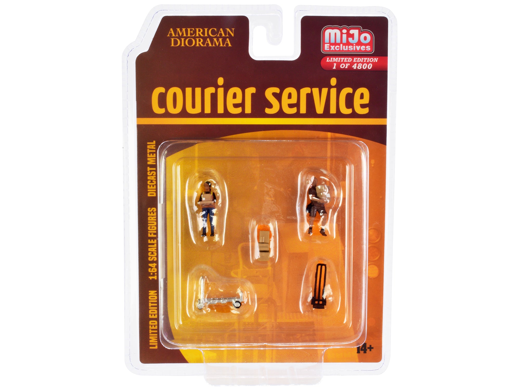 1/64 Scale American Diorama Limited Edition Courier Service Diecast Figure Set - 5 Pieces (2 Workers + 3 Accessories) - Only 4800 Worldwide - Perfect for Model Train Layouts & Diorama Displays