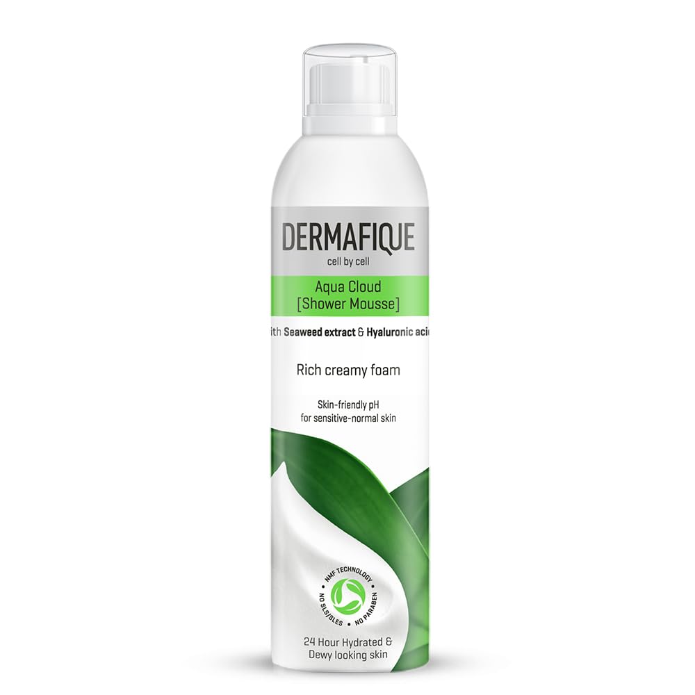 Dermafique Aqua Cloud Shower Mousse - 200ml Hydrating Body Wash for Women & Men with Seaweed Extracts & Hyaluronic Acid | Rich Foam, NMF Technology | Sensitive & Normal Skin | Dermatologist Tested | Perfect for Daily Shower & Spa Relaxation