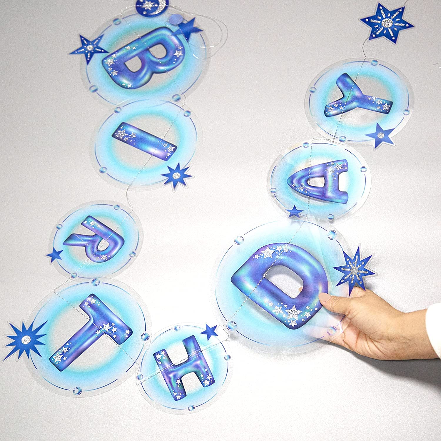 Cheerland Happy Birthday Blue Banner Star Garland - Moon & Star Party Decorations, Celestial Planet Theme Twinkle Little Star Backdrop for Birthday, Baby Shower, Nursery, Wedding & Holiday Decor
