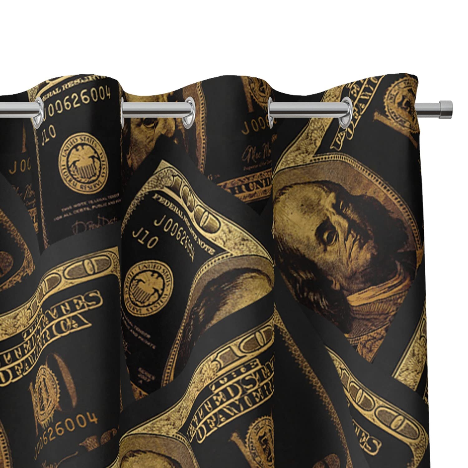 Modern Black & Gold 100 Dollar Bill Print Kitchen Curtain Valances - Room Darkening Window Treatment for Bedroom & Small Windows (16