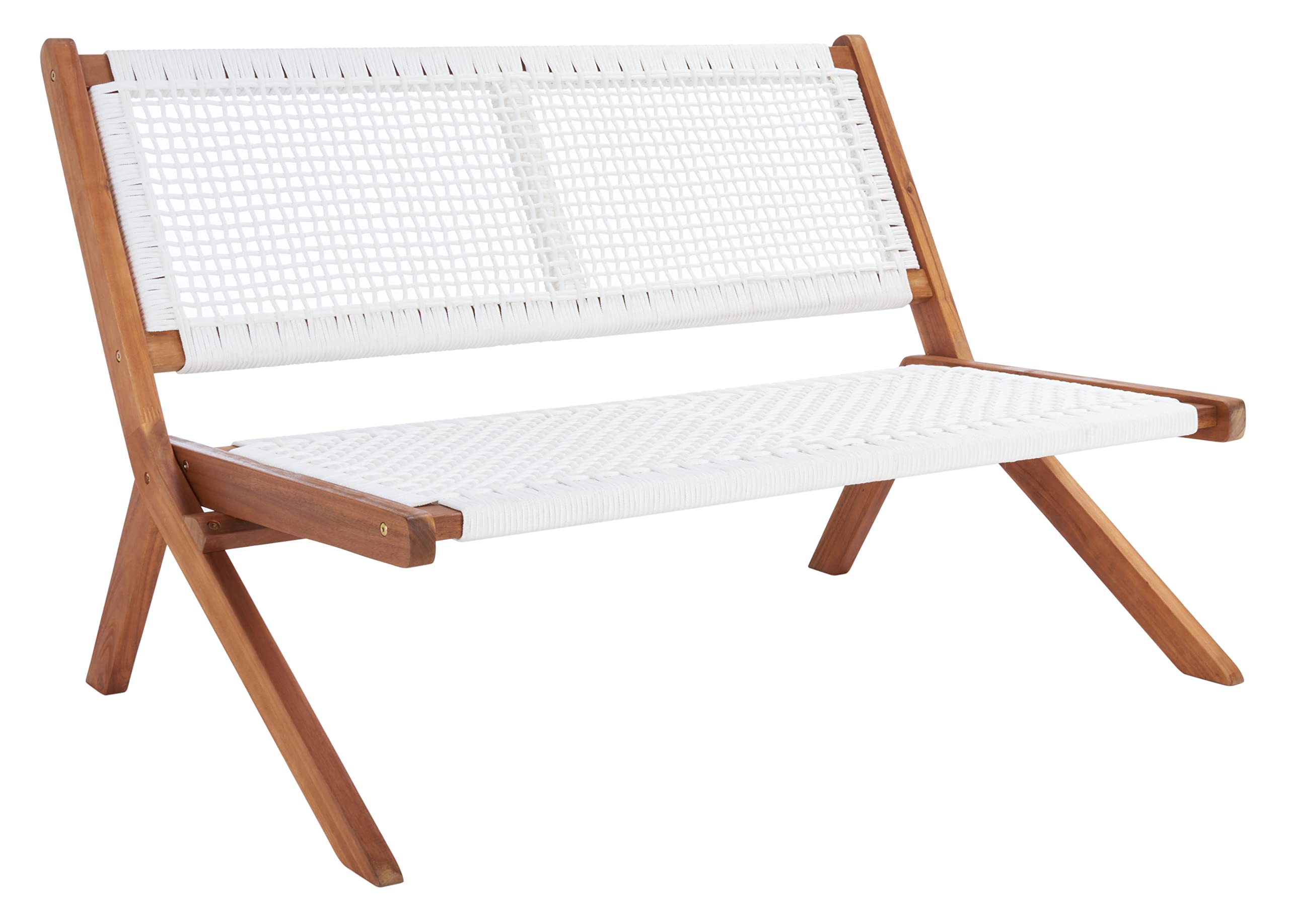 SAFAVIEH Kobina Natural Acacia Wood & White Rope Foldable Bench - Outdoor Patio, Garden, Poolside & Entryway Seating Furniture for Home Decor