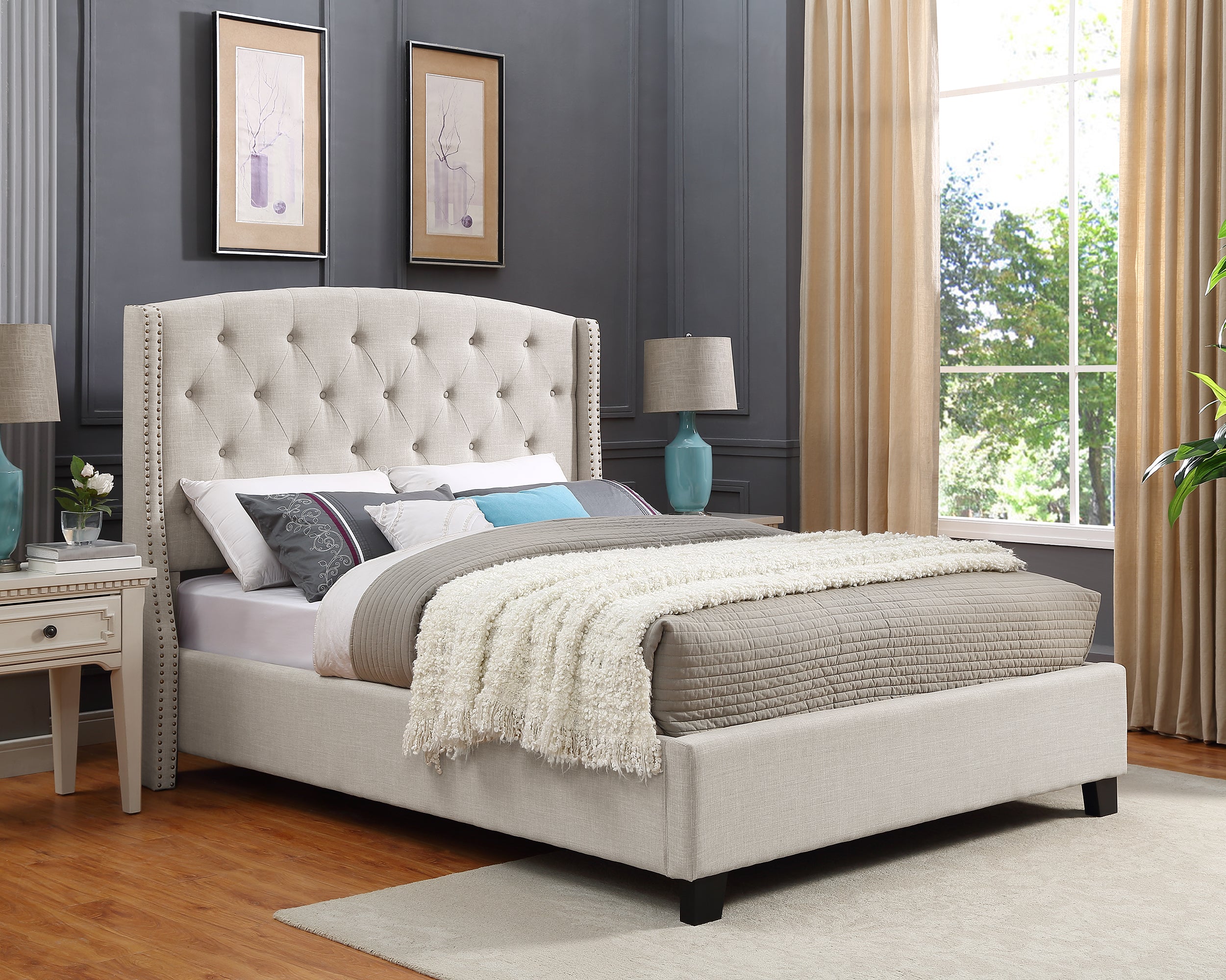 Roundhill Furniture Nantarre Fabric Button Tufted Wingback Upholstered Bed with Nailhead Trim - Queen Size Tufted Bed Frame with Upholstered Headboard, Tan - Perfect for Master Bedroom, Guest Room & Luxury Home Decor