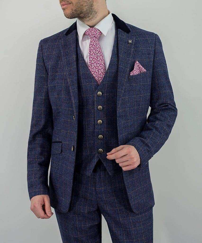 Cavani Matteo Men's Blue Check Slim Fit Tweed Suit - Formal Business Attire for Weddings, Office & Special Occasions