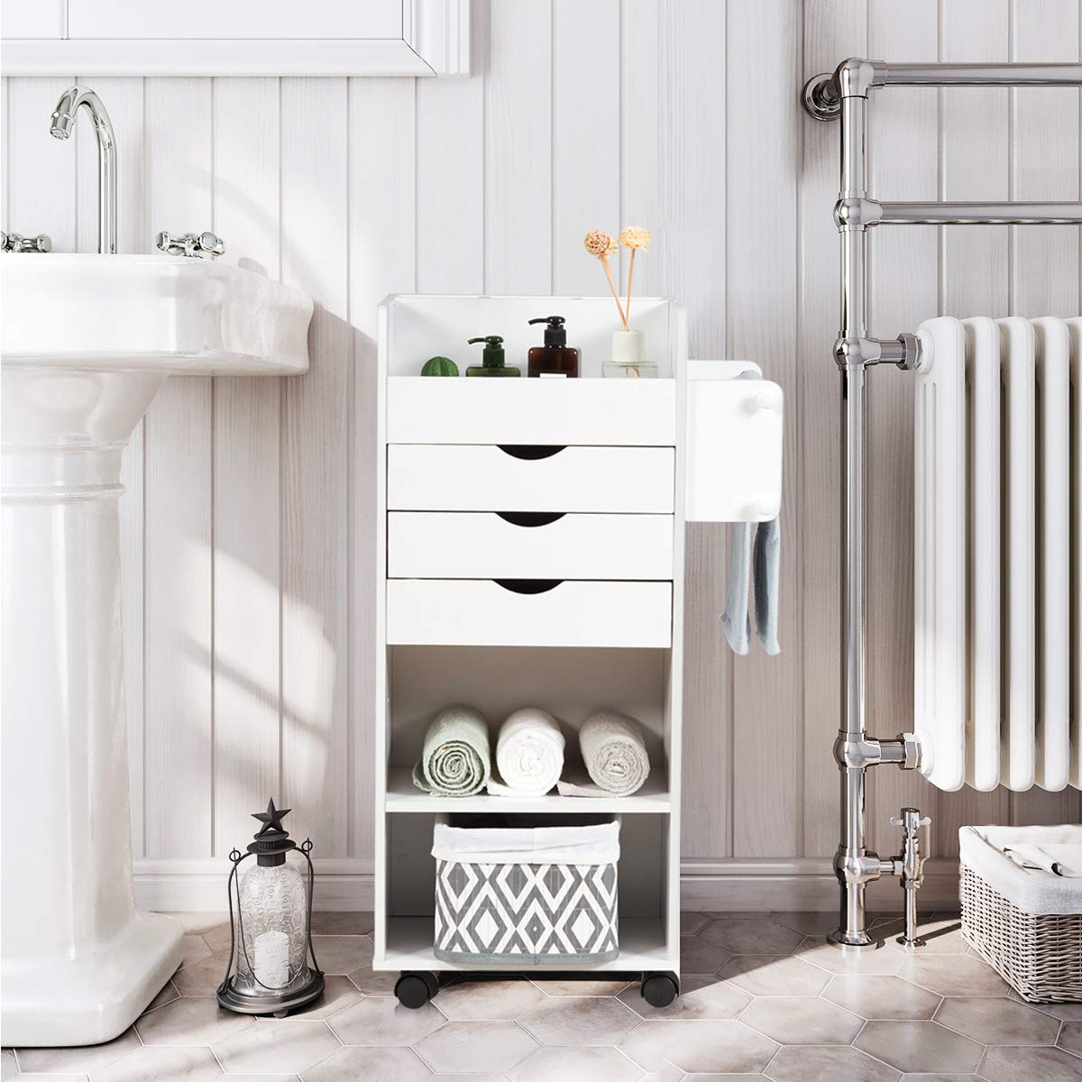 Tangkula 3-Drawer Rolling Storage Cart with Lockable Casters - Wooden Mobile Utility Cabinet with 3 Open Shelves for Home Office Organization - Perfect for Office Supplies, Craft Storage & Kitchen Pantry Organization