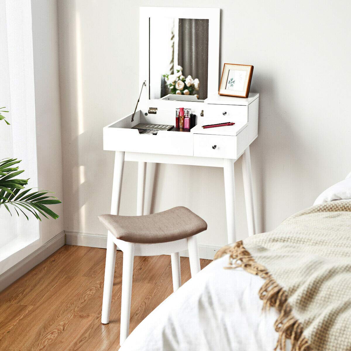 White Wood Vanity Dressing Table Set with Mirror & Bench - Perfect for Bedroom Makeup