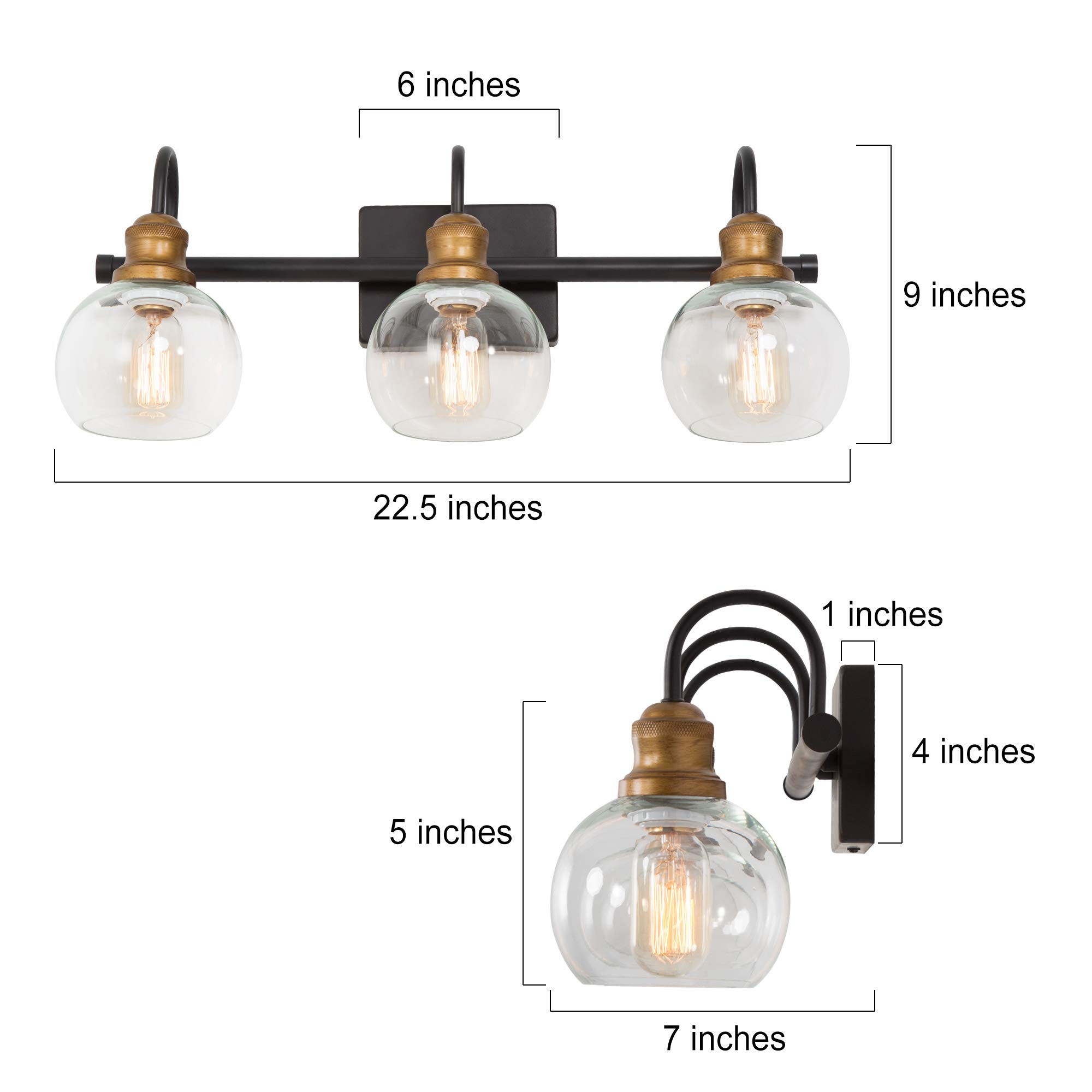 LALUZ Bathroom Vanity Lights - Oil Rubbed Bronze Finish, Antique Gold Socket with Clear Glass Shade - 22.5