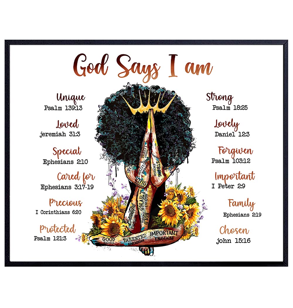 African American Black Wall Art - Religious Spiritual Bible Verse Decor for Women & Girls - Inspirational Christian Scripture Poster - Encouragement Gifts with Positive Affirmations - Perfect for Home, Church & Office Decor