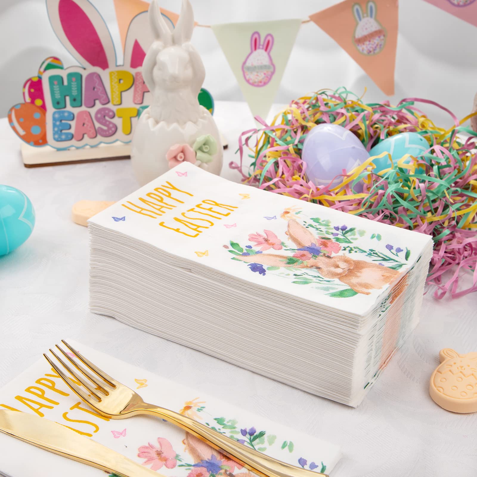 BUCLA 100-Count 3-Ply Easter Bunny Paper Napkins - Premium Disposable Soft & Absorbent Napkins for Easter Parties, Weddings, Cocktail Beverages & Holiday Celebrations - Bunny Themed Tableware for Festive Gatherings