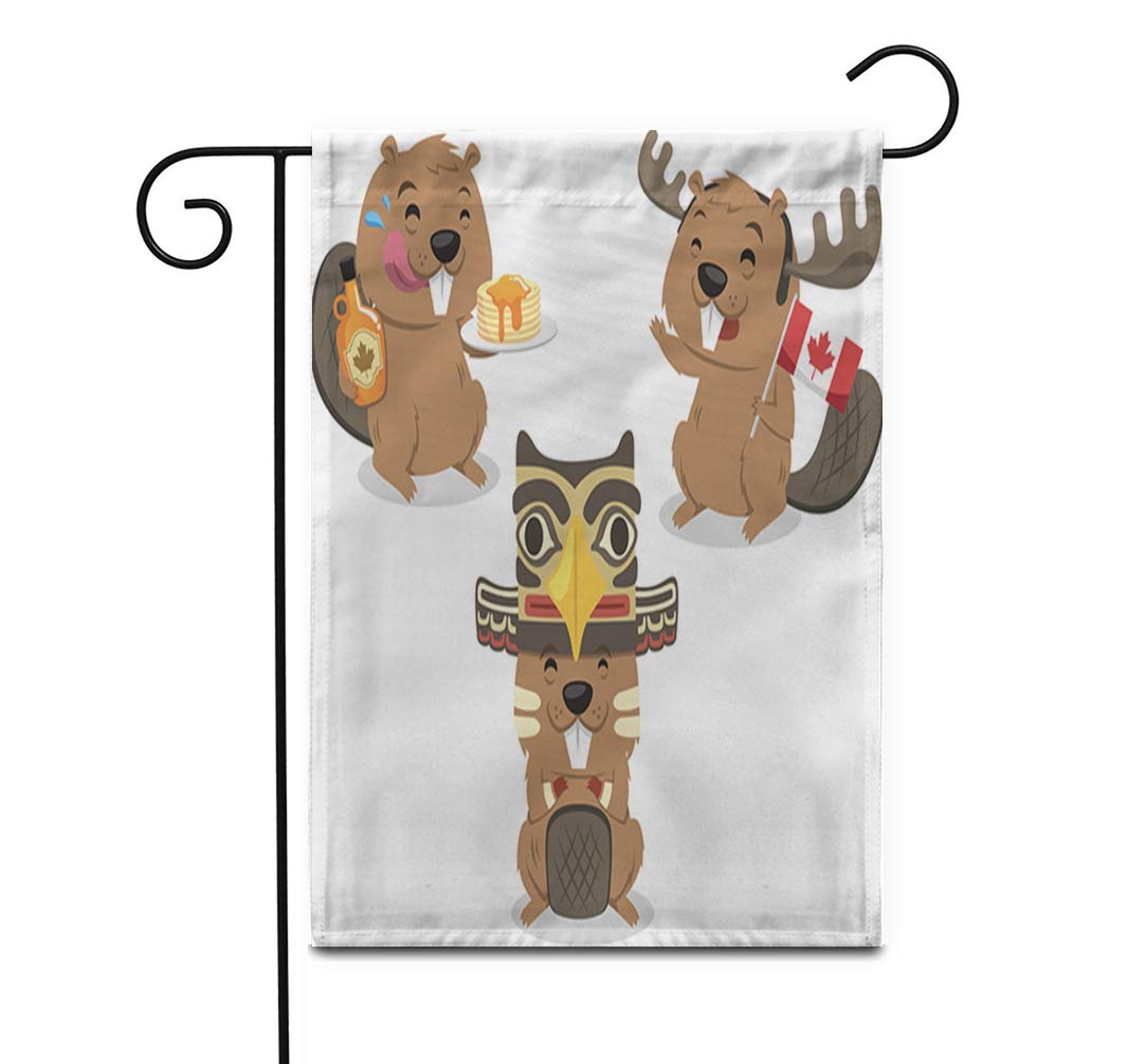 12x18 Inch Double Sided Canadian Beaver Garden Flag - Cute Cartoon Beaver Holding Canada Flag with Maple Syrup & Pancakes - Weatherproof Outdoor Yard Banner for Patio, Lawn, Garden Decoration - Perfect for Canada Day, Backyard Parties & Seasonal Home Decor