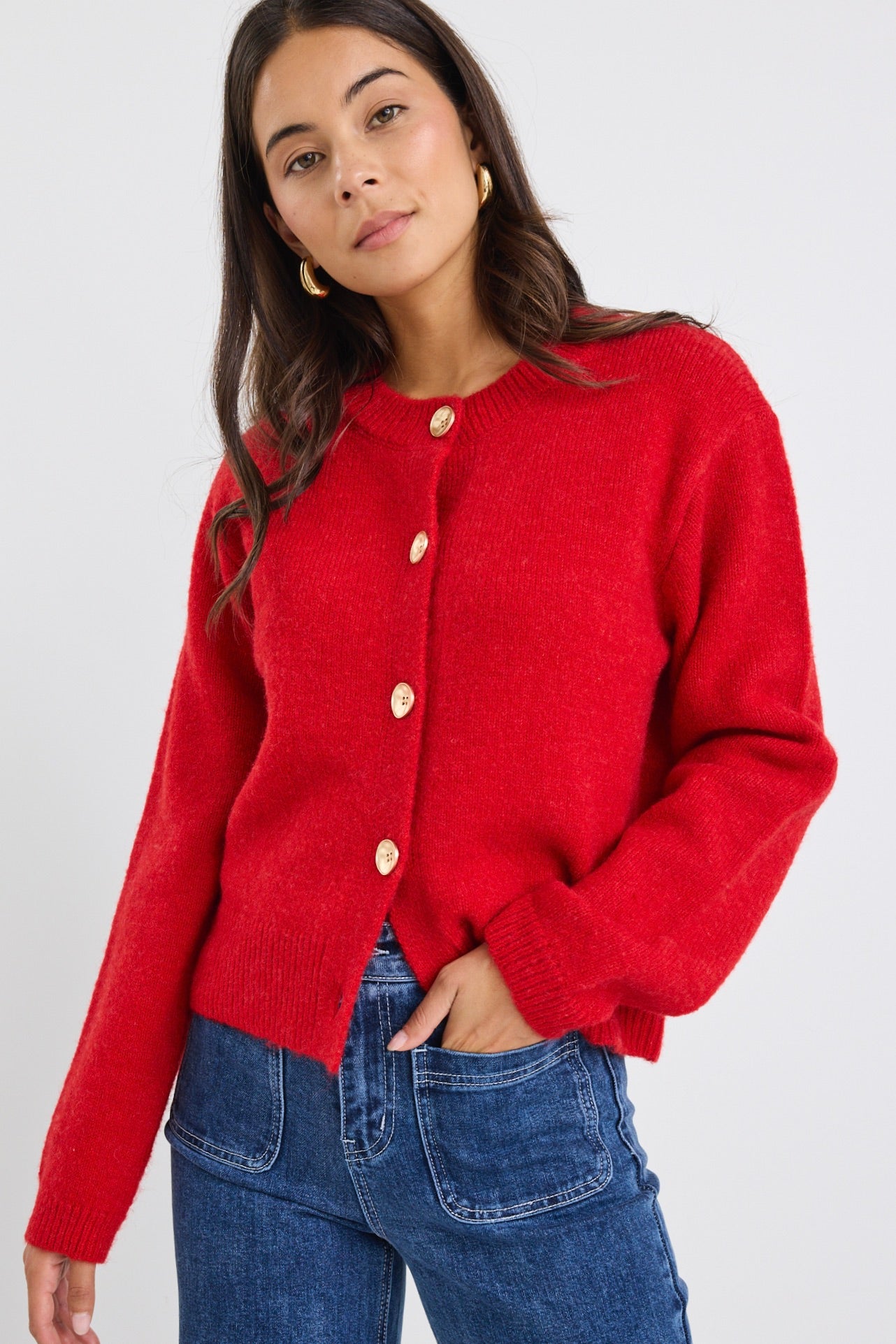 Imprint Red Soft Knit Crewneck Cardigan - Women's Cozy Sweater for Fall & Winter | Perfect for Office, Casual Outings & Date Nights