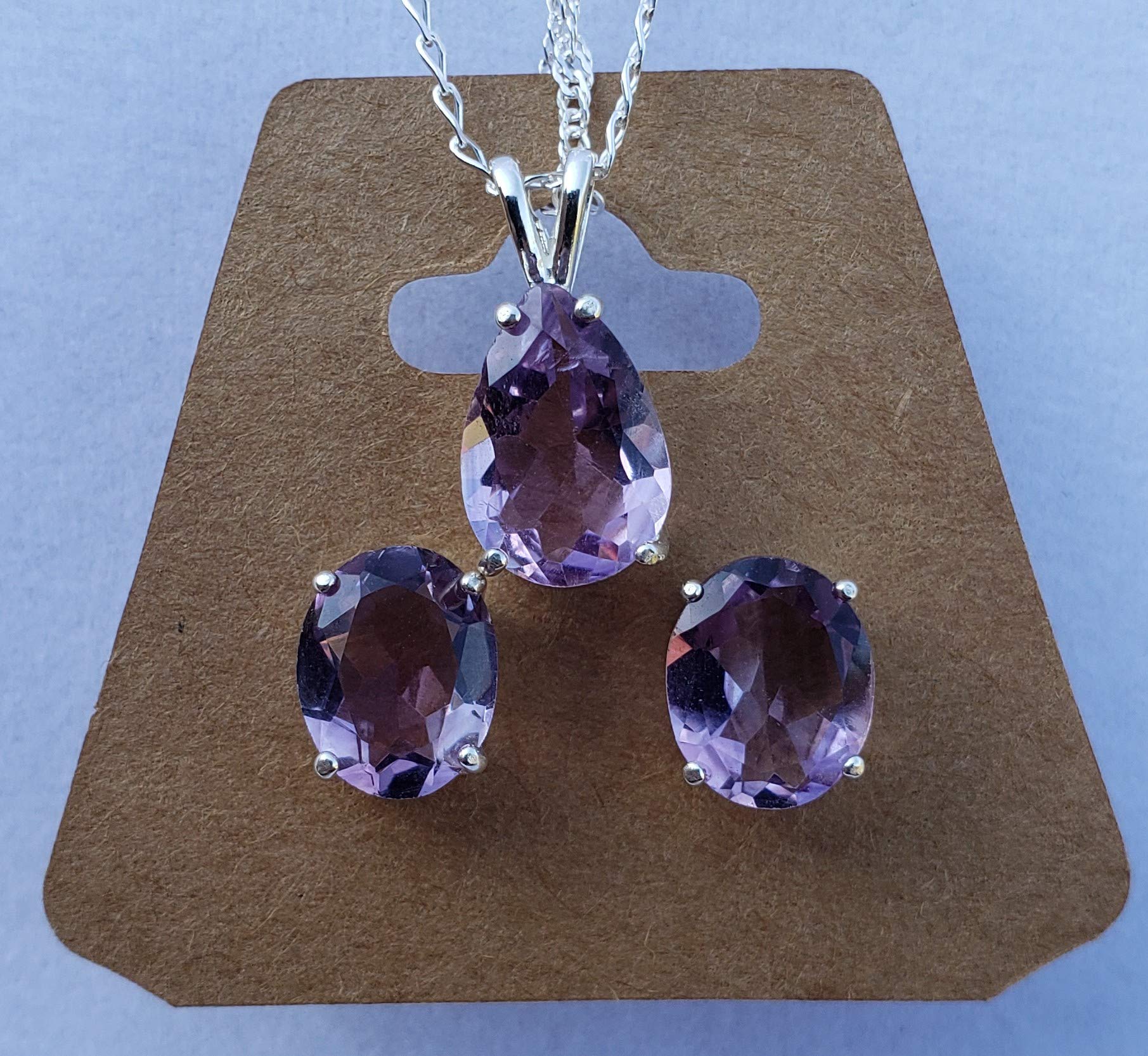 Natural Amethyst Sterling Silver Earrings & Necklace Set for Women - Elegant Purple Crystal Jewelry Gift for Birthday, Anniversary & Special Occasions